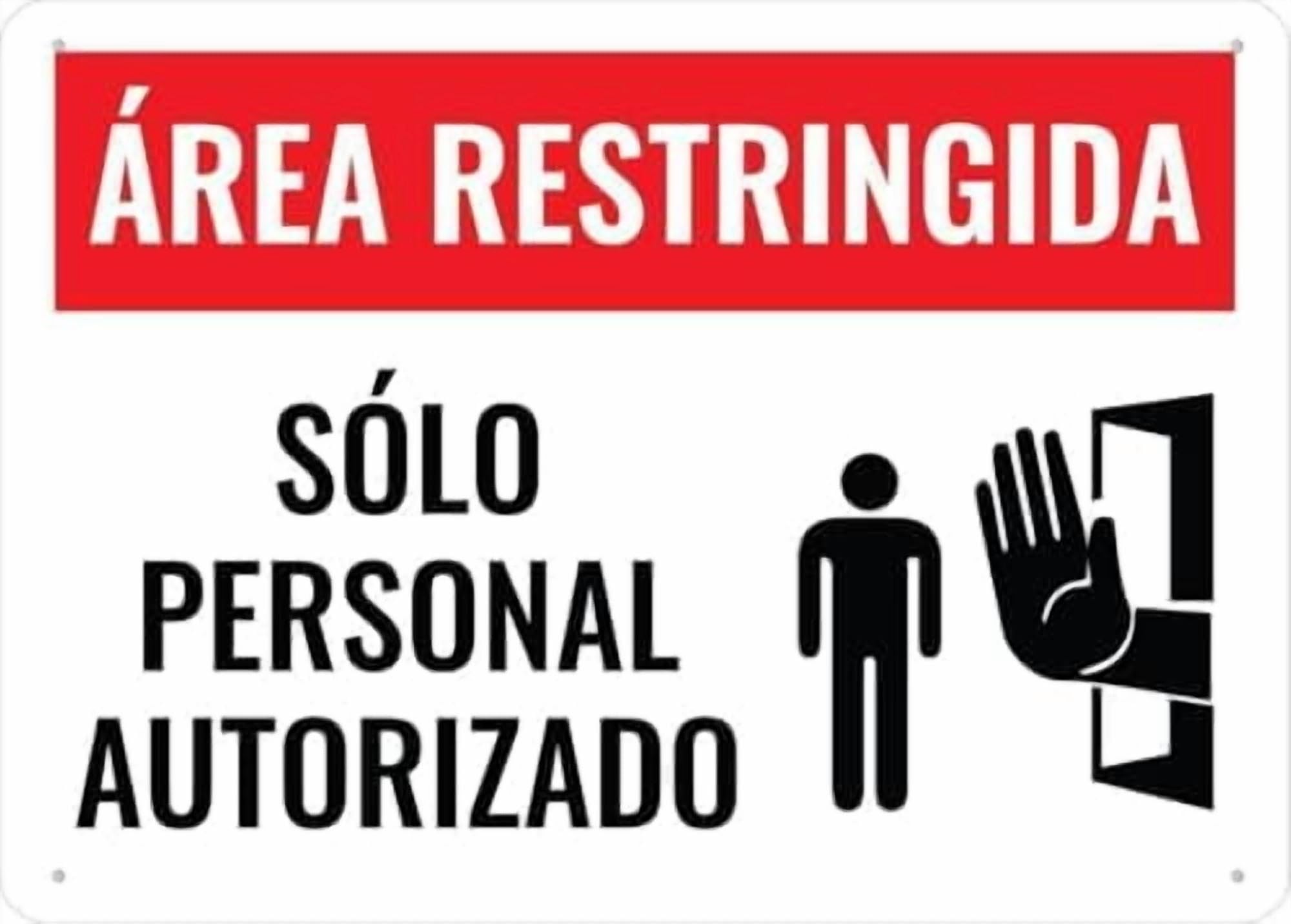 (2-Pack) Warning Metal Tin Sign: Área Restringida Solo Personal Autorizado (Restricted Area Only Authorized Personnel), Outdoor Rust Free Yard Sign 12x8 inch