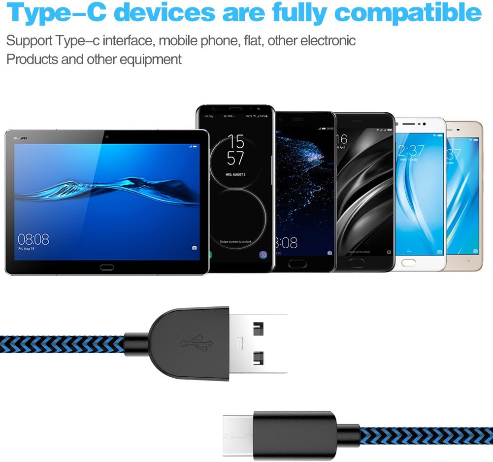 USB C Cable, TNSO USB Type C Cable 3FT 3FT 6FT 6FT 10FT Durable Fast Charging Cord Nylon Braided Compatible with Samsung Galaxy S9 S8 Plus Note 9 8,Moto Z Z2,LG V30 V20 G5