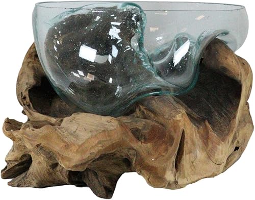 Miniatura 4 de Ebros Gift Madera flotante balinesa de madera gamal natural hecha a mano con vidrio fundido soplado a mano para servir frutas, grande de 14 pulgadas