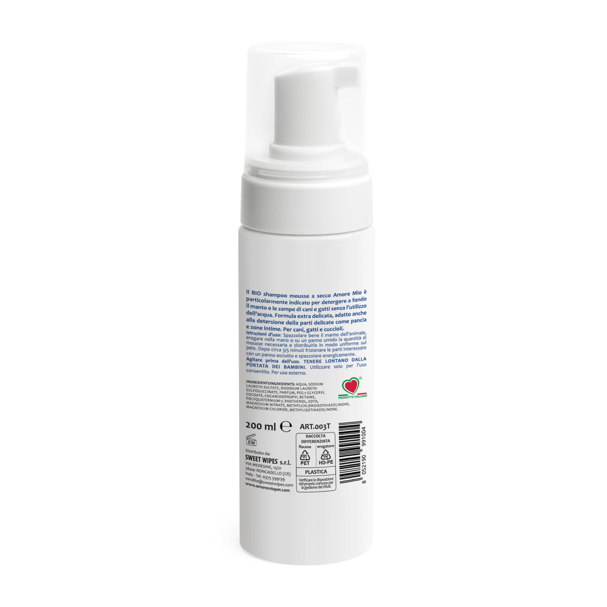 Amore Mio | Bio Shampoo a Secco igienizzante per Cani, Gatti e Cuccioli, Mousse Senza Risciacquo, Detergente Pelo, NO Alcool e Parabeni, Profumazione Talco - 200 ml