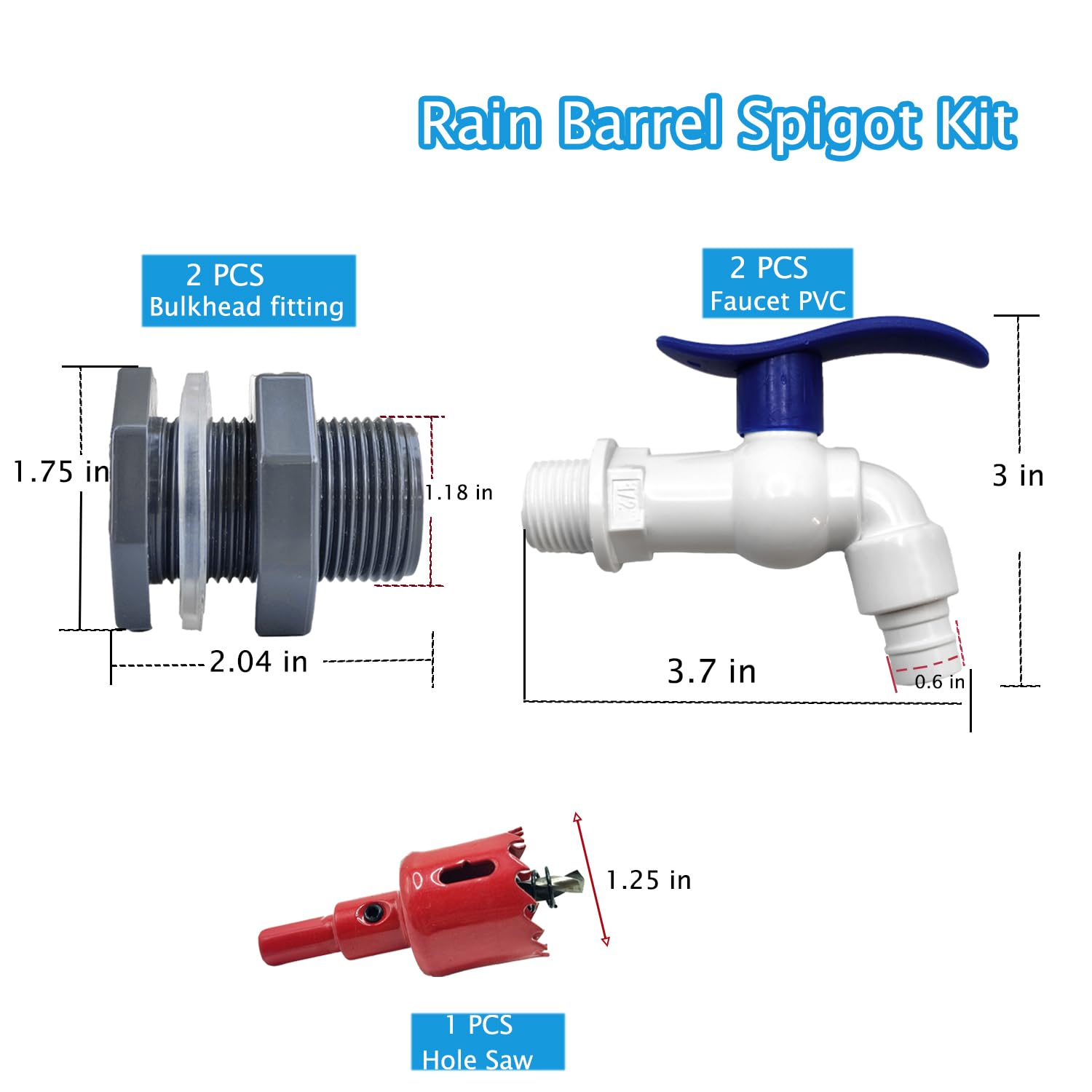 Paquete de 2 espigas de barril de lluvia, kit de grifo de barril de lluvia con sierra perforadora y accesorio de mamparo de PVC de 3/4 pulgadas para barril de agua, tanques de agua, barriles de