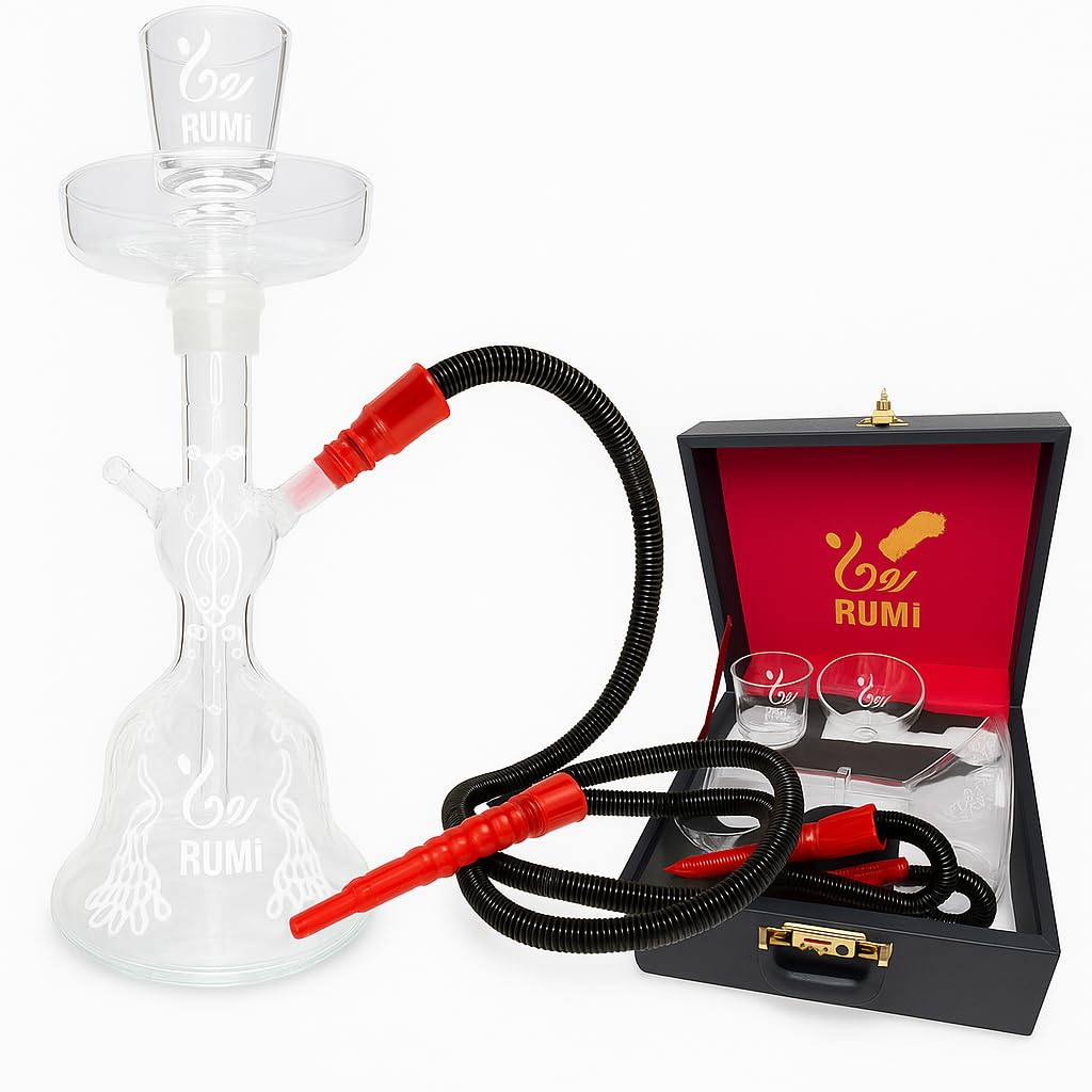 Medium Hookah Shisha Set with Clear Engraved Glass Base, 2 Head Bowls, 2 Coal Trays, 1.5m Long Hose Pipe & Portable Leather Briefcase, Complete Nicotine Free Hookah Experience Kit Crystal Clear