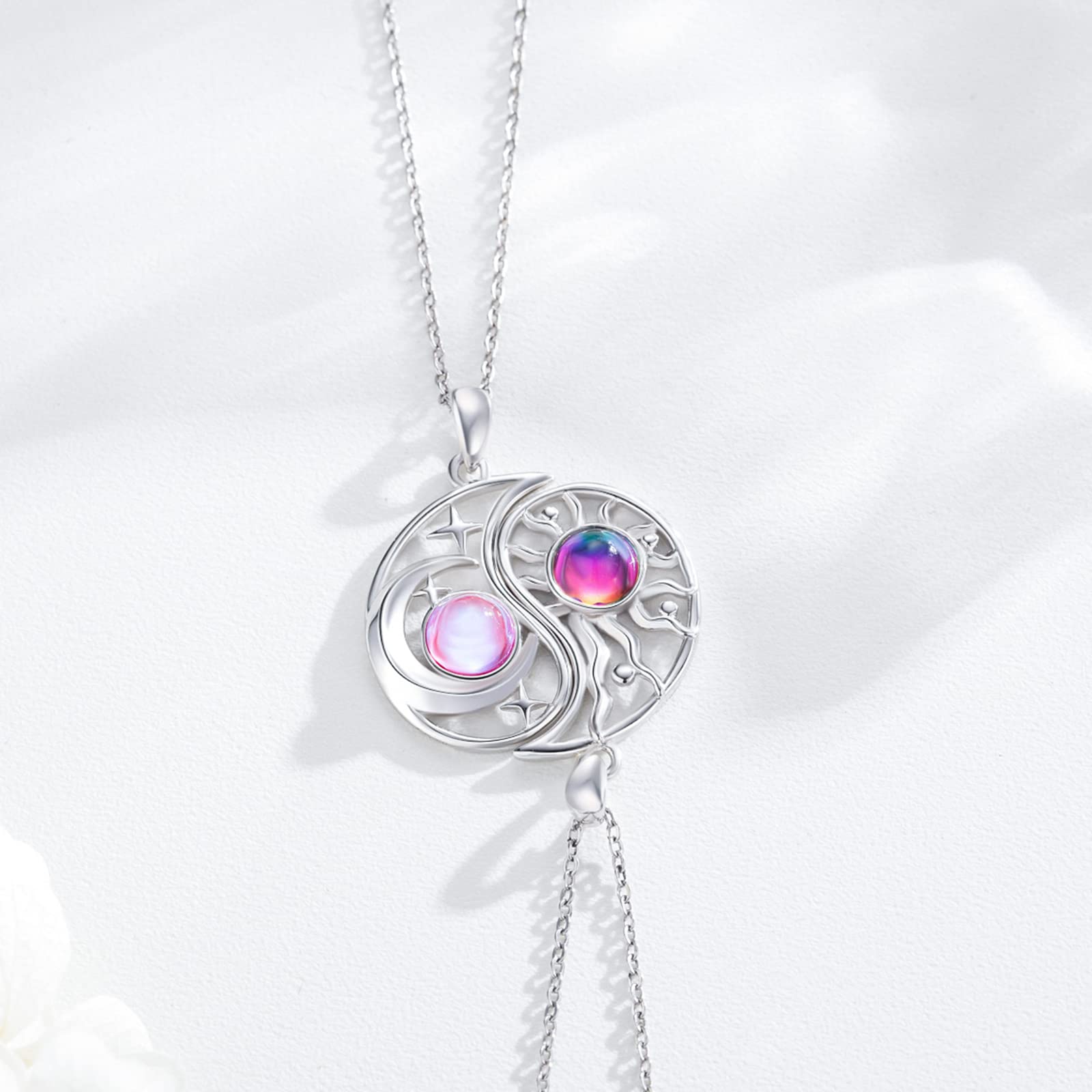 2 Stücke BFF Halsketten Armband Mond Sonne 925 Sterling Silber Schwestern Armband Halskette Runden mit Kristallen Sonne und Mond Freundschaftskette Freundschaftsarmband BFF Schmuck für 2