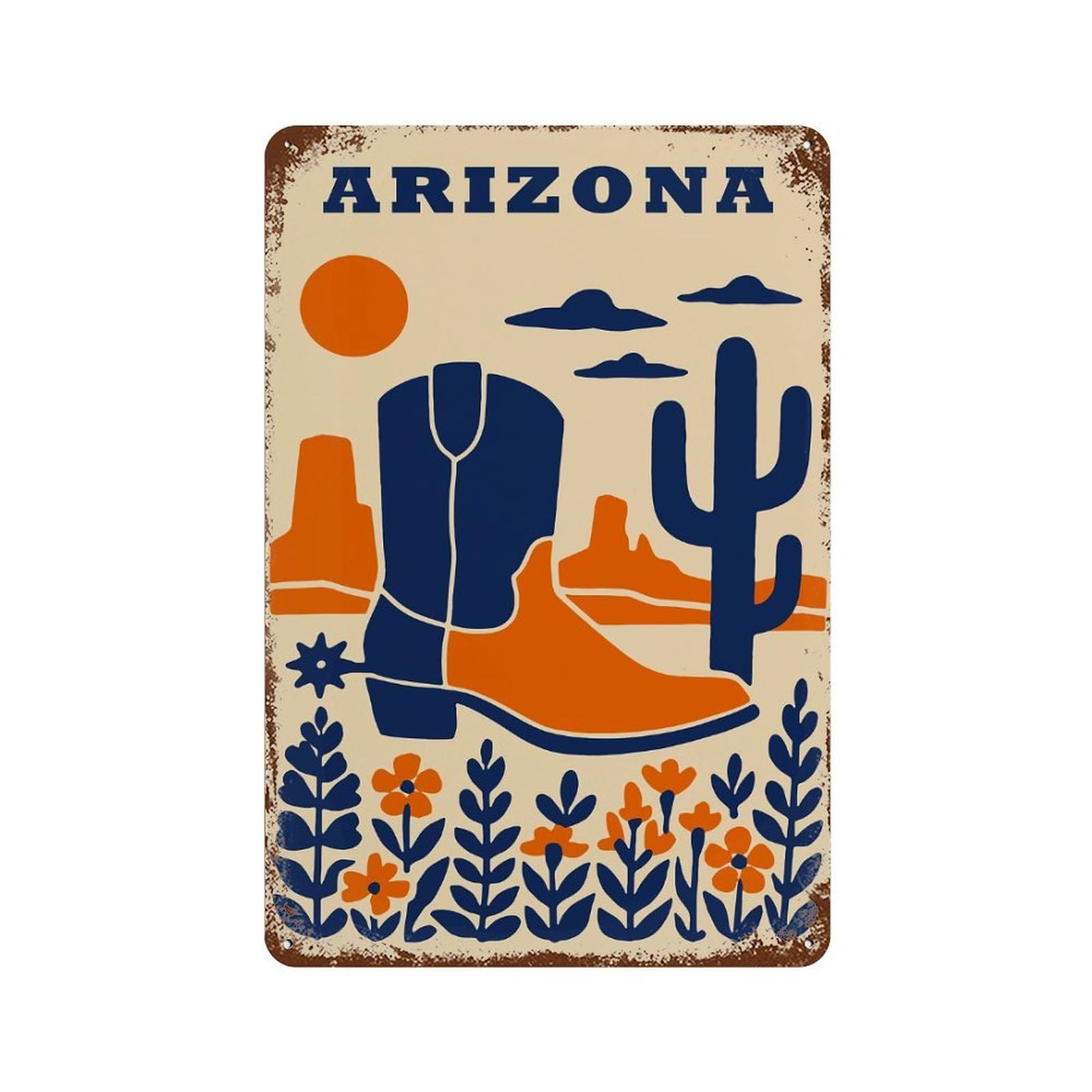 Arizona Desert Cowboy Boot Illustration Vintage Rust Metal Sign 11.8"x7.9", for Garage, Bar And Workshop Decor, Decorative Metal Wall Art