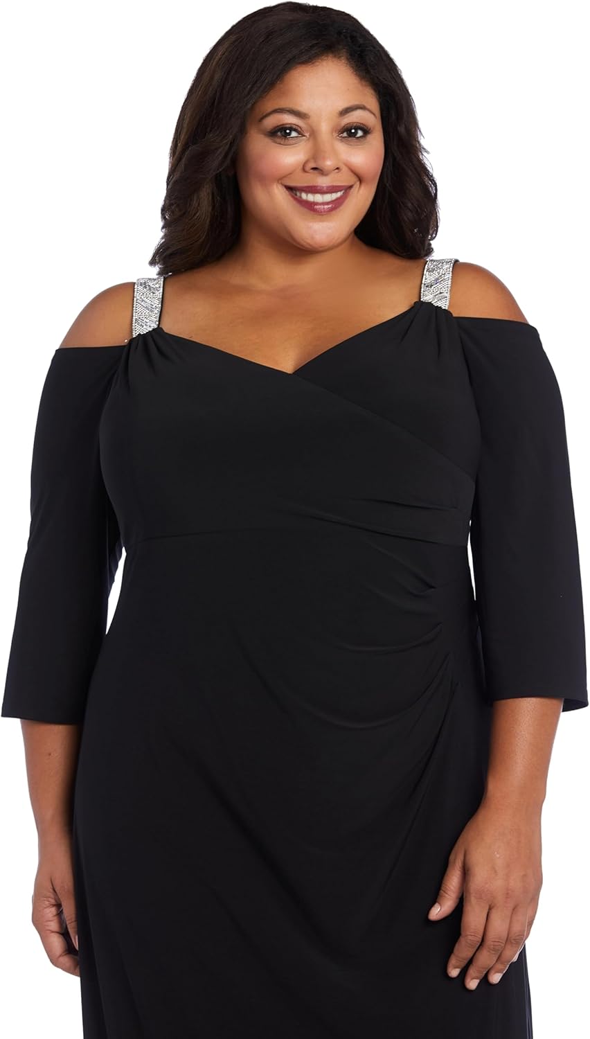 R&M Richards Womens Rhinestone Ruched Evening Dress