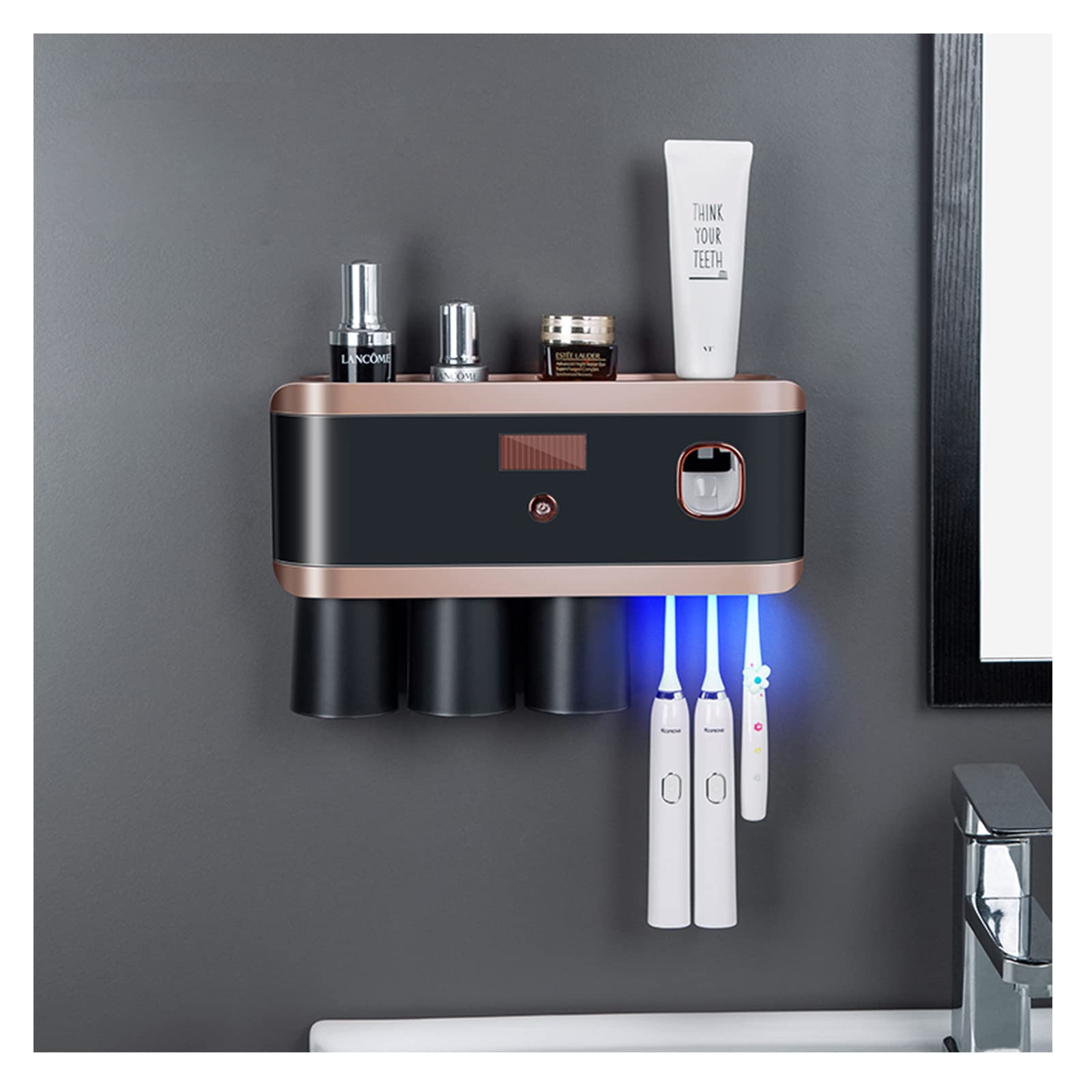 Porta Cepillo de Dientes, Soporte Cepillo de Dientes con Función Esterilizador, LED Dispensador Pasta Dientes, Organizador Baño Solar Recargable Negro