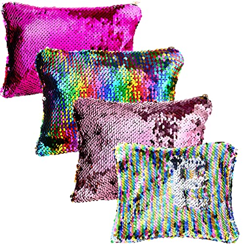 Tatuo 4 Pcs Sequin Makeup Bag Glitter Sequin Purse Rainbow Iridescent Make up Bag Small Reversible Cosmetics Pouch for Women Teacher Graduation Gifts Party Favors
