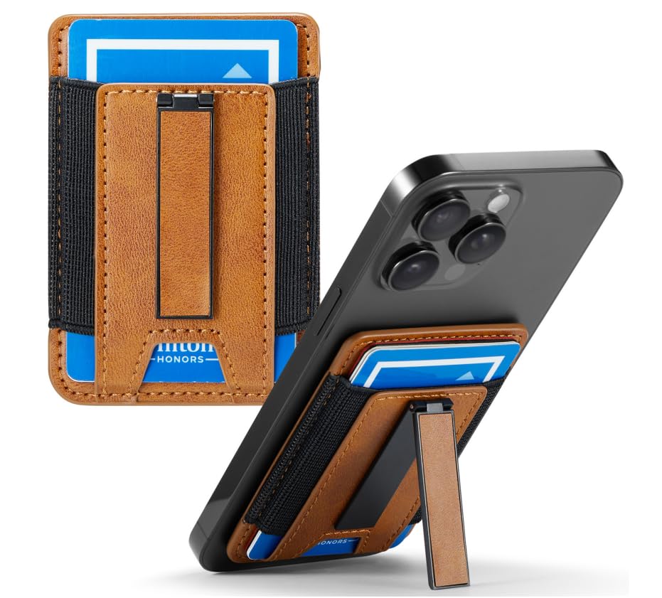 Image of Phone Card Holder Wallet with Stand, Hold 6 Card for iPhone Andriod | Stretch fabric card holder stick on back of phone case. Built-in stand for hands-free viewing. Holds 6 credit /ID cards