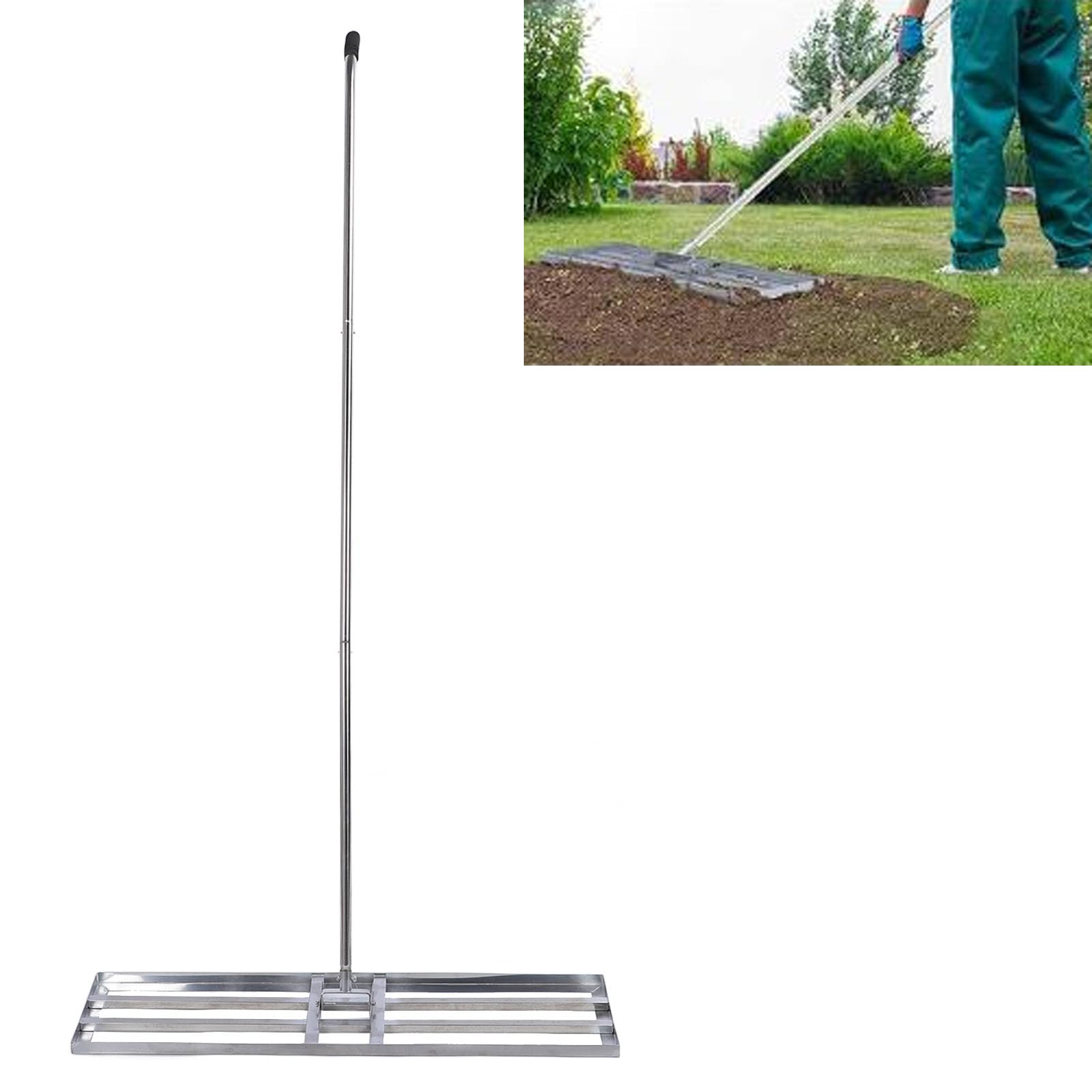 Rastrillo nivelador de césped de acero inoxidable, promueve el crecimiento del césped, permite cubrir un área más grande cada vez, herramienta de mantenimiento del césped para patio, jardín