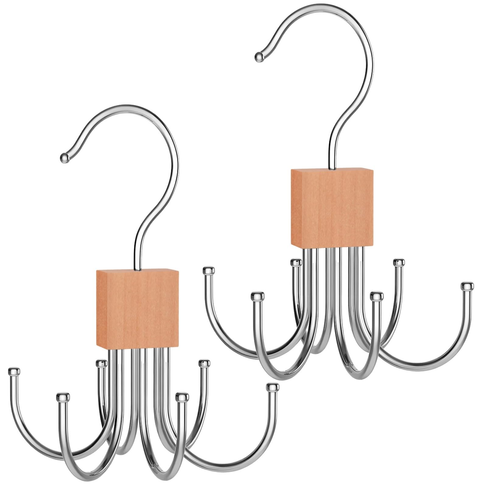 2-Piece Wooden and Stainless Steel Rotating Tie Hanger, Hat and Scarf Organizer with Hooks