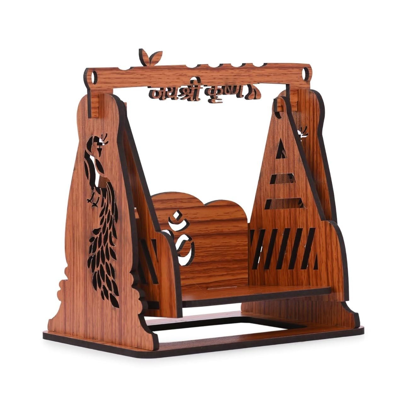 SHBK DECOR Wooden Jhula for Laddu Gopal, Jay Shree Krishna Swing with Peacock Design, Decorative Pooja Swing for Bal Gopal Idol-image-1
