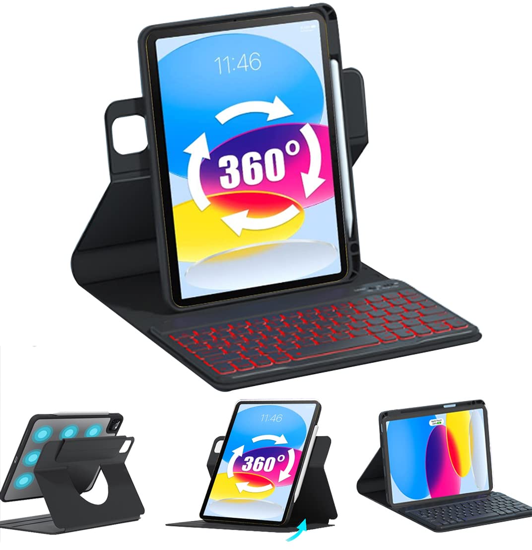 Rétroéclairé Clavier Coque pour Nouvel iPad 10eme 2022, iPad 10 Gen 2022 Clavier, AZERTY Clavier Bluetooth sans Fil avec Coque de Protection et Porte-Crayon Rotation à 360, Noir