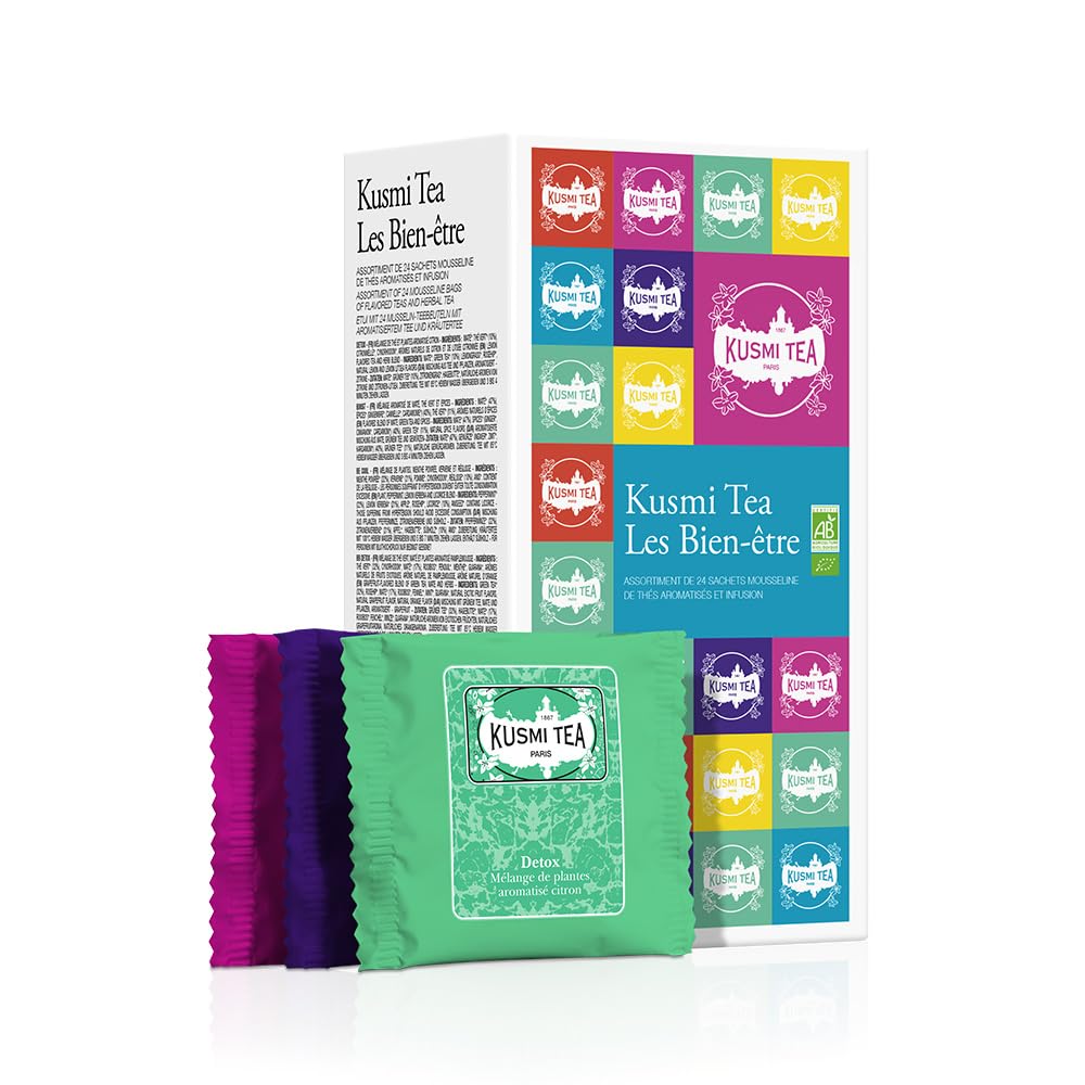 Kusmi Tea - Coffret "​Les Bien-​Être" - Assortiment de Thés Bio - Idée Cadeau Homme et Femme - Thé Vert, Thé Detox et Infusion - Fabriqué en France - 24 Sachets, Sélection de 6 Recettes Iconiques