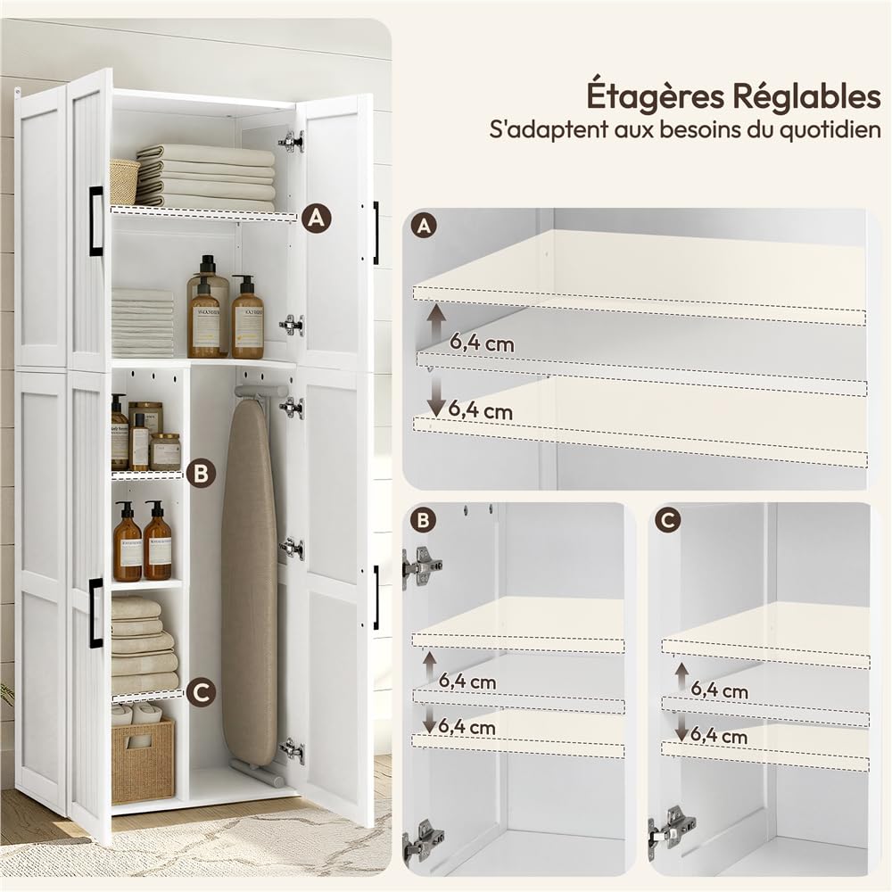 Yaheetech Meuble/Armoire de Rangement avec Compartiment Aspirateur, Colonne avec Étagères Réglables, 4 Portes, pour Salon, Cuisine, Salle de Bain, Blanc, 60x37x175.5 cm