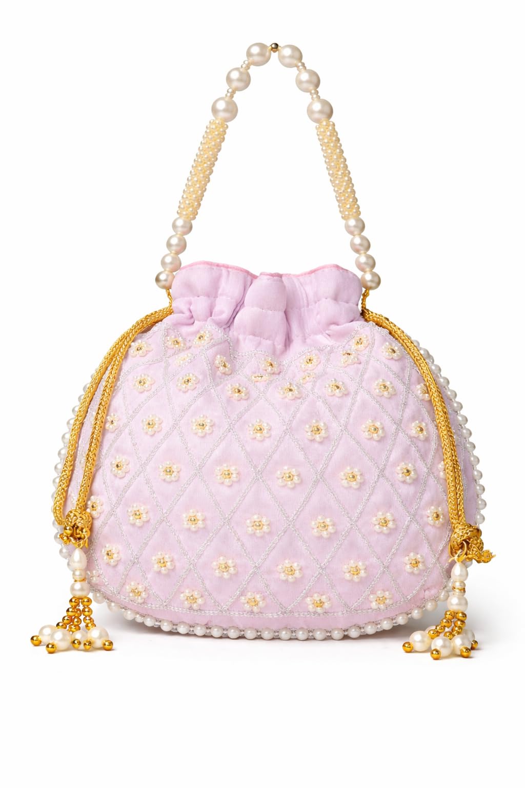 Light Lavender Color Potli Bag for Ladies with Beads Stitched on the Front Face and Drawstring Closure-image-0