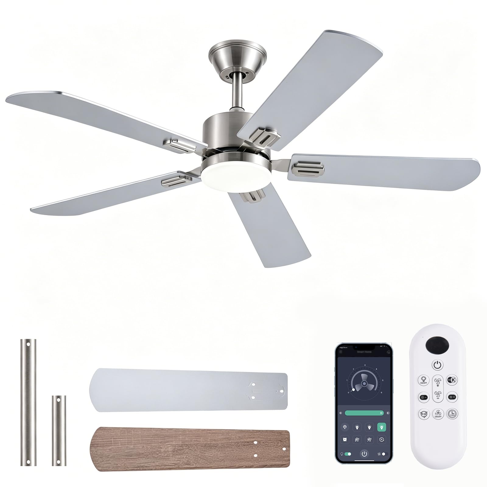 Photo 1 of [CLERK NOTES] FUMLTP 52inch Ceiling Fans with Lights and Remote/App Control, Double-Side Blades, Dimmable LED, Reversible DC Motor, Noiseless, Modern Low Profile Ceiling Fan for Indoor/Outdoor Use (Nickel)