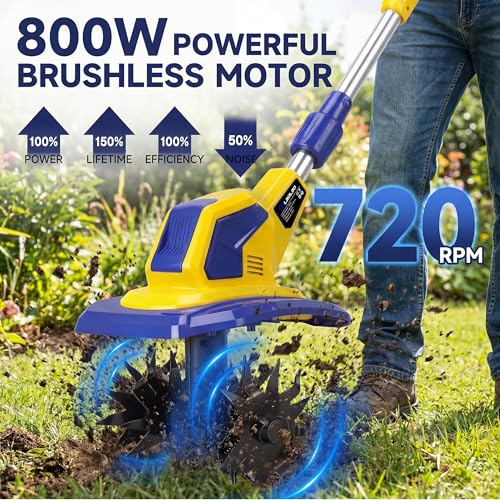 21V Cordless Tiller Cultivator, 720RPM Electric Garden Tiller, with 2 * 6.0Ah Batteries & Charger, 1 * Soil Tilling Blade and 1 * Weed Removal Blade
