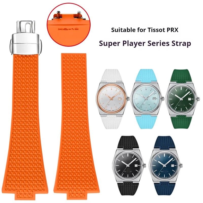 Correa de reloj FKM para Tissot PRX Series Super Player Convex para hombre, correa de caucho fluorado con hebilla de mariposa, accesorios