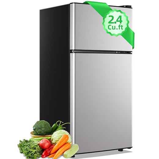 2.4 Cu.ft Mini Fridge with Top Freezer Apartment Size Dual Door Compact Refrigerator for Personal Use Small Fridge with Egg tray, 7 Temperature Control For Dorm, Silver