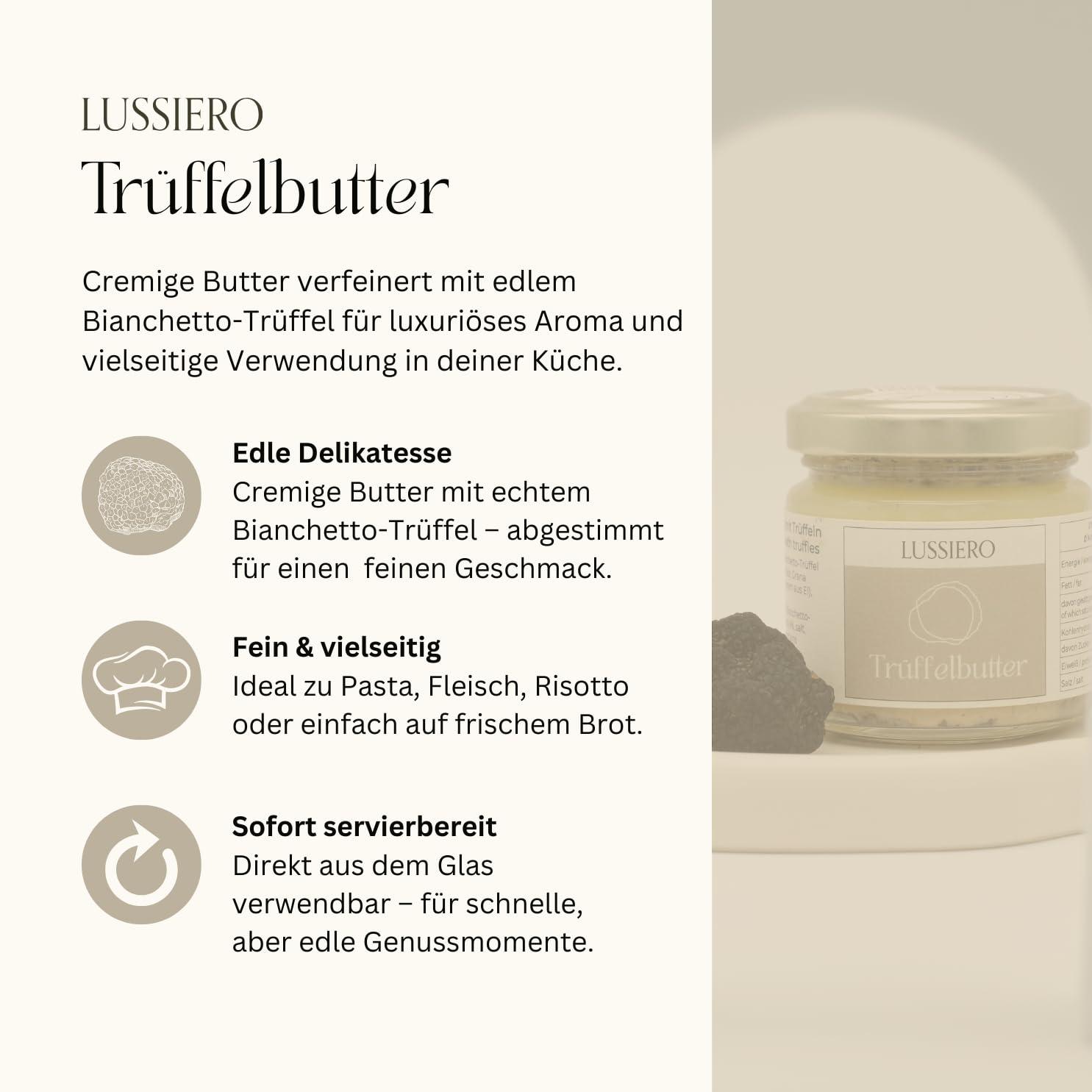 3er Pack Lussiero Trüffelbutter mit echtem Weissem Bianchetto Trüffel Tuber Borchii 80g