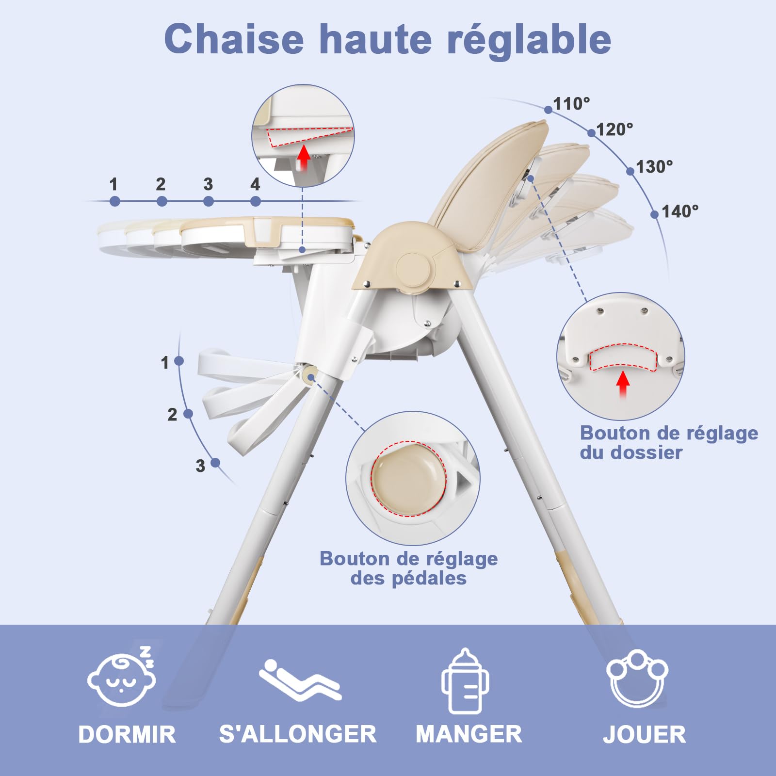 Chaise Haute Bébé, Chaise Haute pour Bébé con Double Plateau Détachable, 5 Positions de Hauteur, 4 Positions de Dossier, Chaise Haute Pliable de 6 à 36 mois