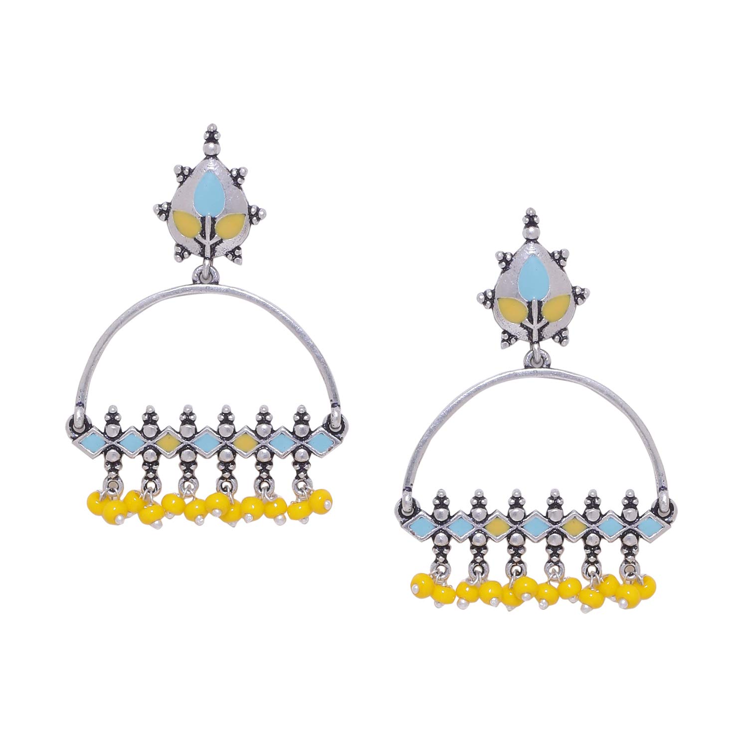 VOYLLABrass Silver Oxidised Multicolor Enamel Embellished Dangler Earrings with Yellow Beads for Women and Girls