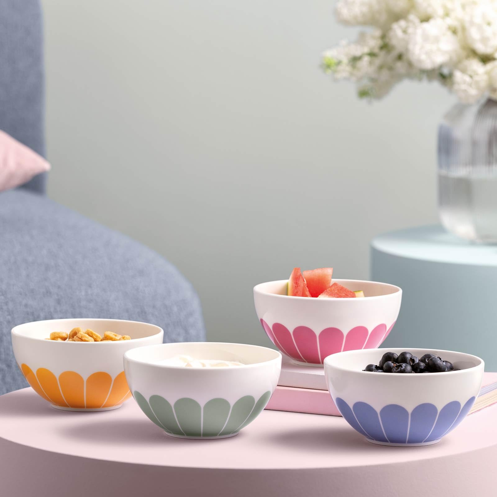 Villeroy & Boch - Fleur Couleur Müslischalen-Set 4-teilig, 14 cm, Schalen für Müsli, Joghurt & Snacks, Bowl, Kleine Bol Schüssel, Blumenmuster, Spülmaschinenfest & Mikrowellensicher, Premium Porzellan