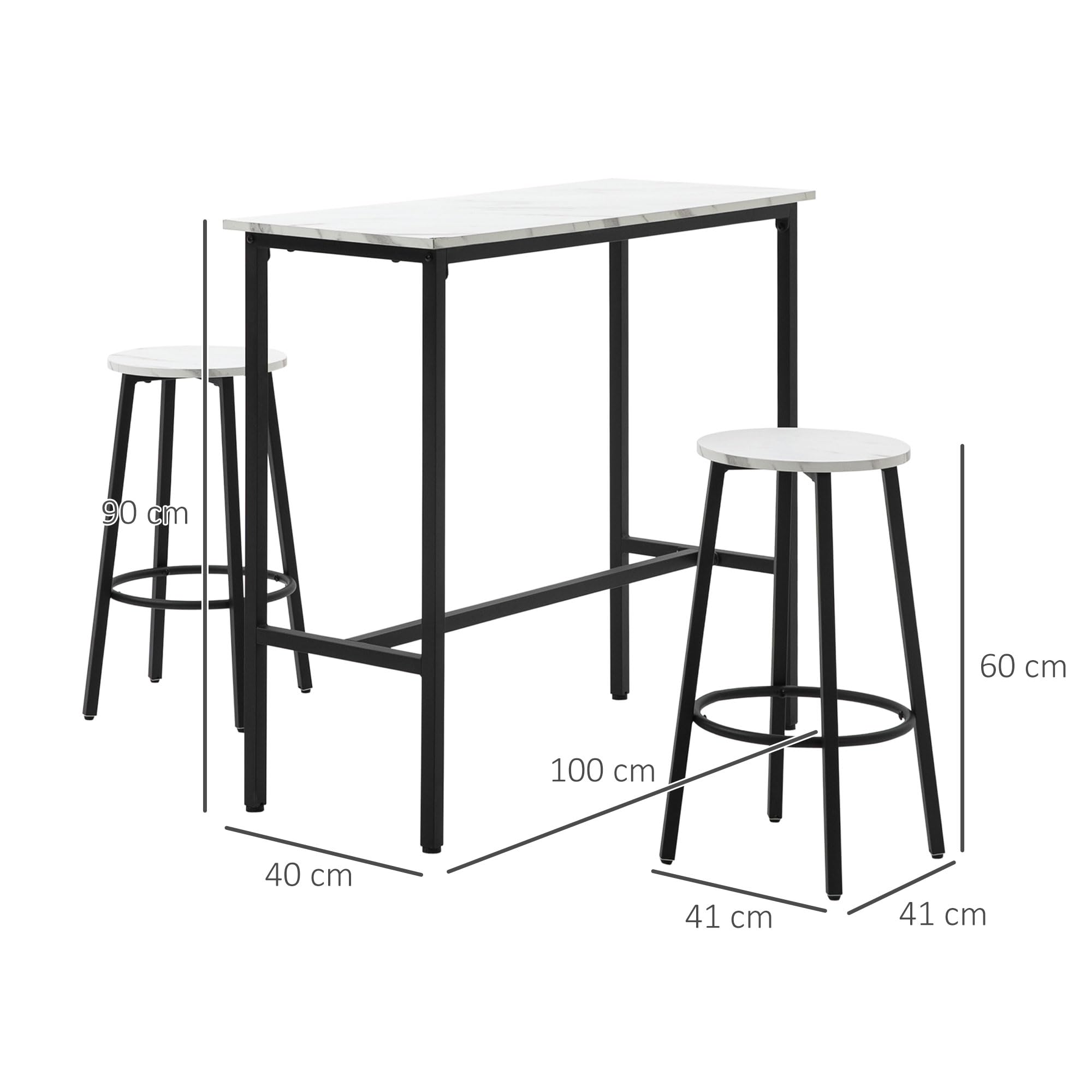 HOMCOM Set Tavolo e Sedie 3 Pezzi in Truciolato, MDF e Acciaio con Tavolo Rettangolare e 2 Sgabelli da Bar per Soggiorno e Sala da Pranzo, Bianco e Nero