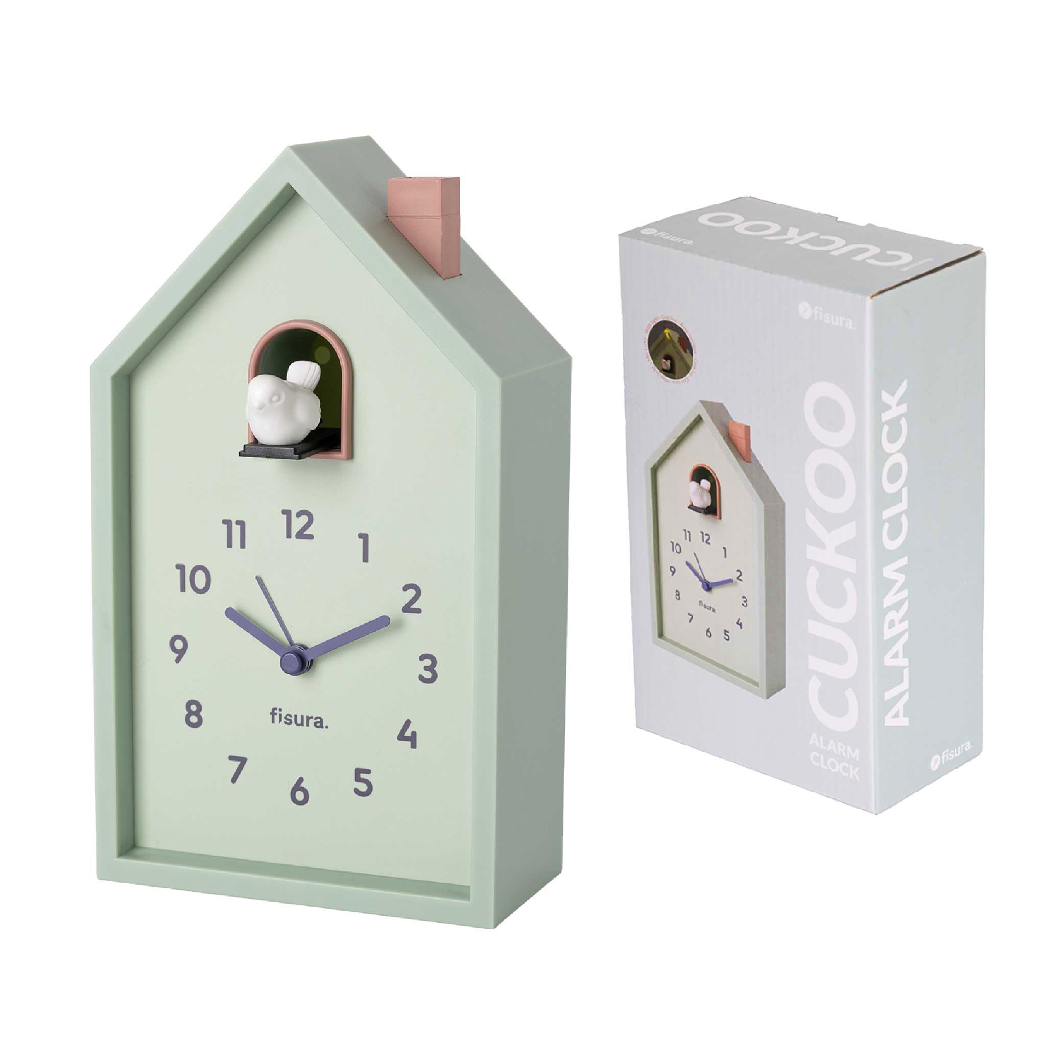 Fisura Mint – Cuckoo Alarm Clock House With Color, Bedside Table Clock, Original Analog Alarm Clock With Hands, Snooze Button, And Light, Powered By 3 Aa Batteries (Not Included). (Mint)