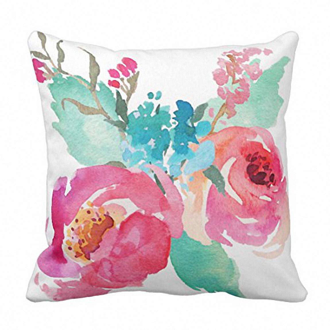 Emvency Throw Pillow Cover Flowers Watercolor Peonies Pink Turquoise Summer Girly Decorative Pillow Case Home Decor Square 20 x 20 Inch Pillowcase