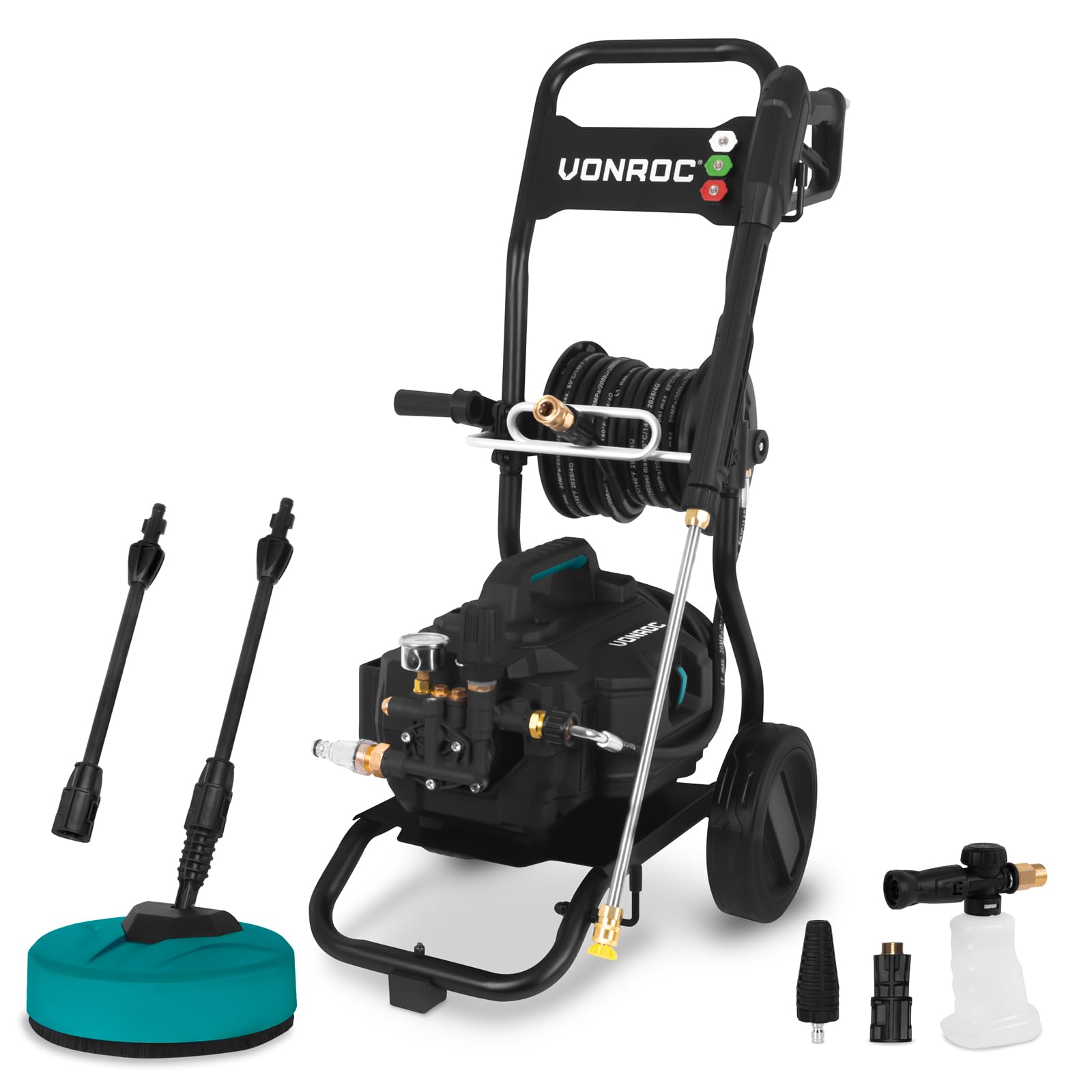 VONROC Myjka ciśnieniowa PRO V25-3 – 2500 W – 180 barów – silnik indukcyjny – wąż premium o długości 15 m – w zestawie: końcówka do czyszczenia tarasów, rozpylacz piany i 5 dysz