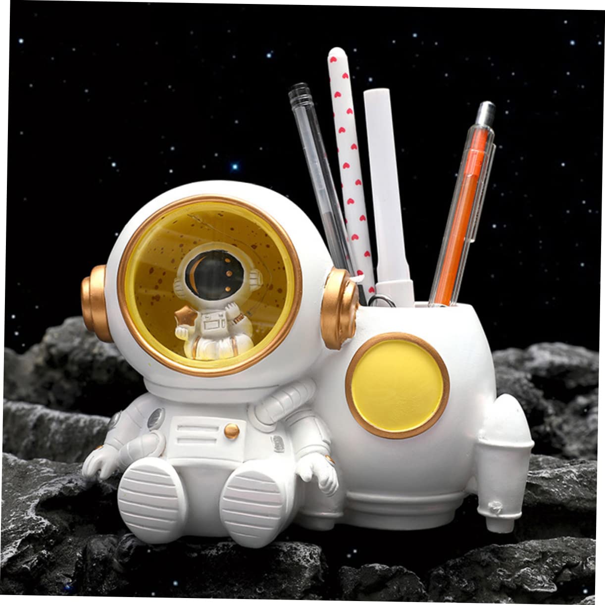 Portapenne Astronauta Con Luci Led Porta Penne Da Scrivania Per Ragazzo Ragazza Design Resina Porta Pastelli Leggero e Decorativo Per Ragazzi e Ragazze