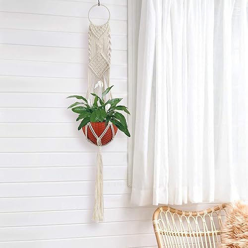 Miniatura 6 de Laerjin Ganchos de macramé para plantas, juego de 6 soportes para plantas colgantes hechos a mano, soporte decorativo para macetas, cuerda de