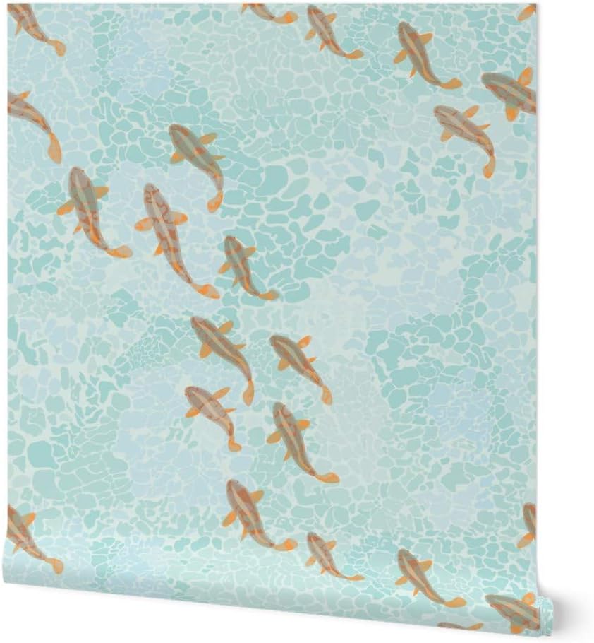 Peel & Stick Wallpaper 3ft x 2ft - Orange Fish Water Sea Ocean Wave Nautical Custom Removable Wallpaper by Spoonflower