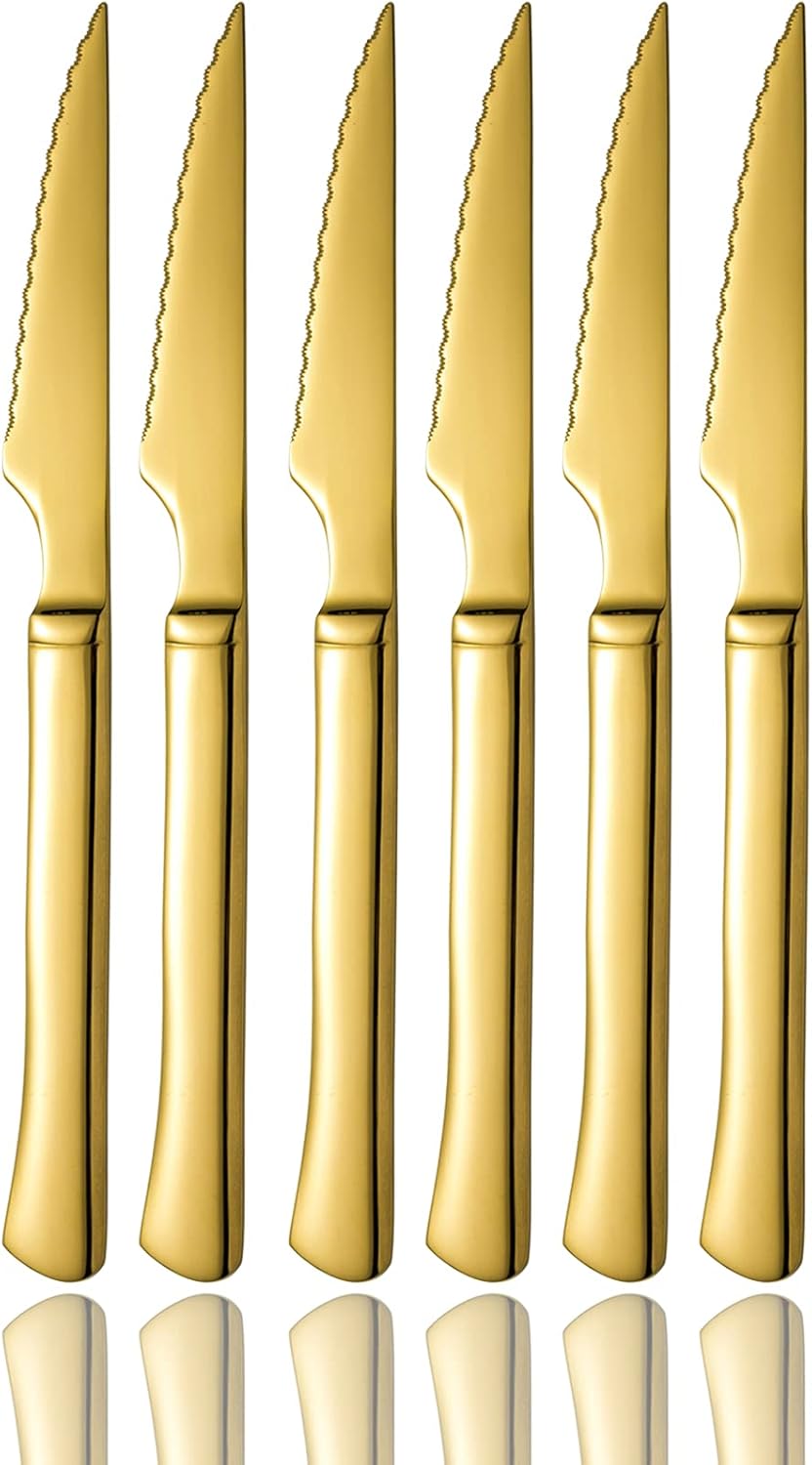 Gold Steak Knives,Ultra-Sharp Stainless Steel Cutlery Set,Dinner Knifes 6-Piece Stainless Steel kitchen Serrated Best Knife kitchen Sets Dishwasher Safe (Golden) Gold Steak Knives,Ultra-Sharp Stainless Steel Cutlery Set,Dinner Knifes 6-Piece Stainless Steel kitchen Serrated Best Knife kitchen Sets Dishwasher Safe (Golden)
