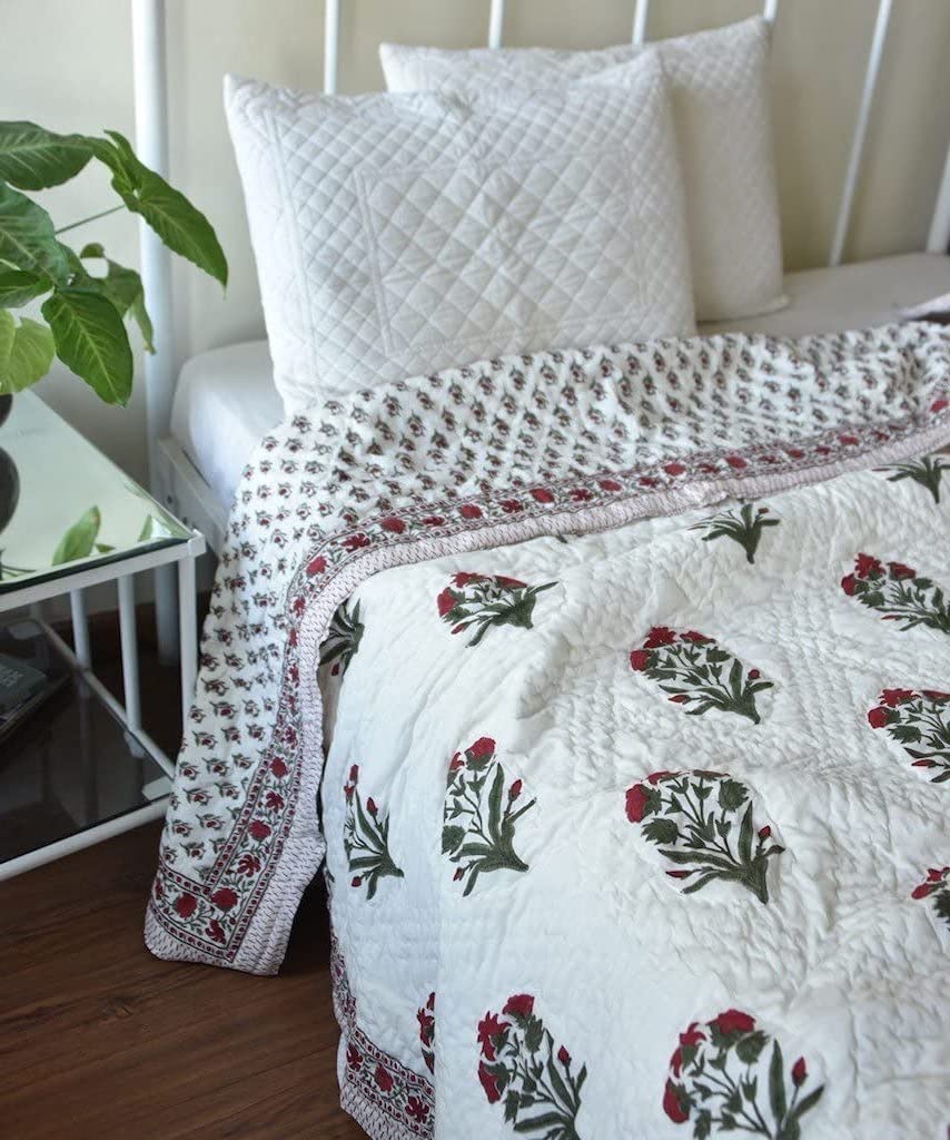 Hope Shop Cotton Palm Tree Design Rajasthani Jaipuri Hand Block King Size Traditional Single Bed ( White, 60x90 Inch )