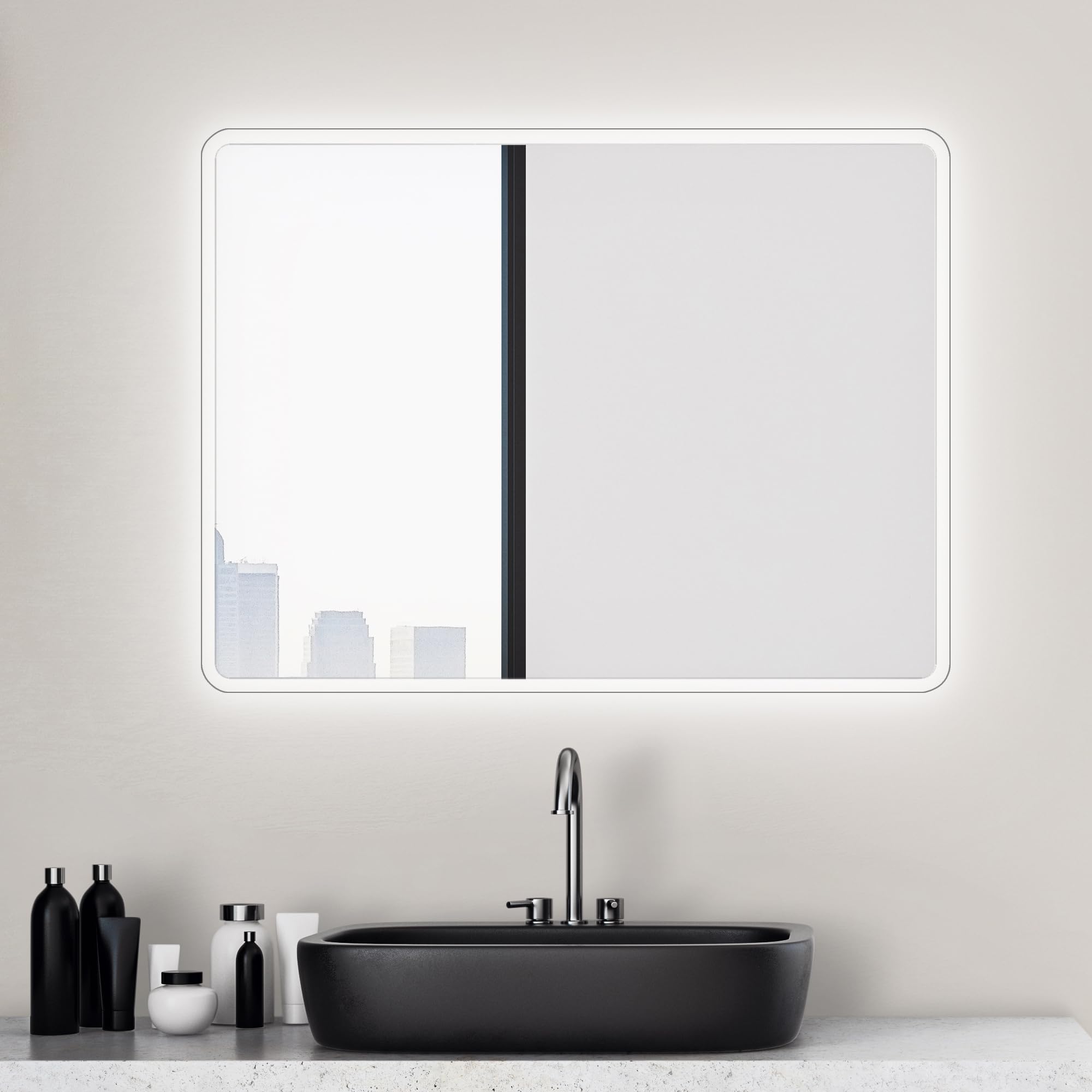 Talos Bathroom mirror with lighting Moon - bathroom mirror 80 x 60 cm - with surrounding ambient light - light color neutral white aluminum frame - vertical and horizontal suspension