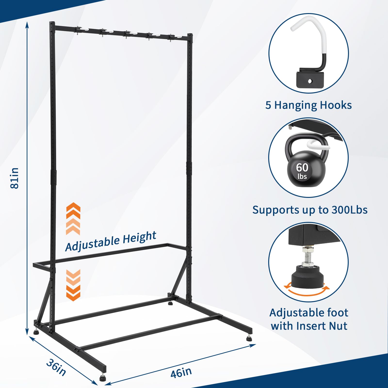 Garvee Soporte de Almacenamiento para 5 Bicicletas Resistente, con Patas Ajustables y Ganchos Recubiertos de PVC, Capacidad 300 lbs (136 kg), Organizador de Acero para Interior y Exterior