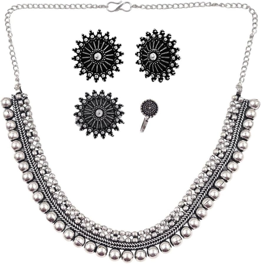 Oxidised Silver Multi-Layer Bead Necklace Set with Sunburst Earrings, Adjustable Ring & Nose Pin for Women | Antique Finish Ethnic Jewellery for Festivals & Weddings
