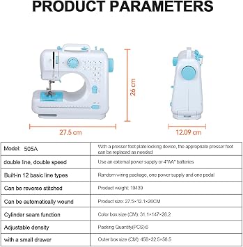 505A Mini Electric Sewing Machine, 12 Built-in Stitches with Extension Table, Portable Household Sewing Kit for Beginners, 27.5x12.1x26cm