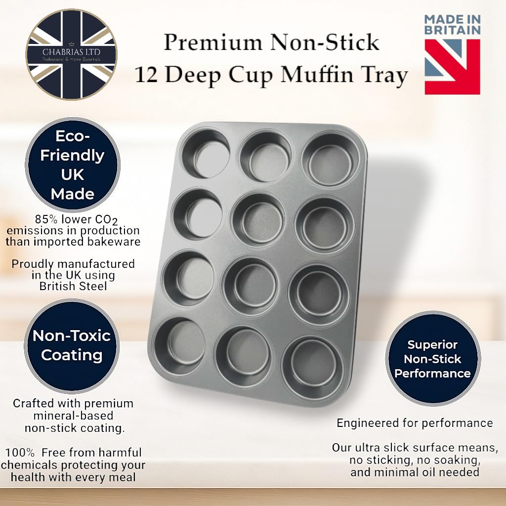 Lot de 2 plateaux antiadhésifs pour 12 muffins et muffins - Fabriqués en Angleterre
