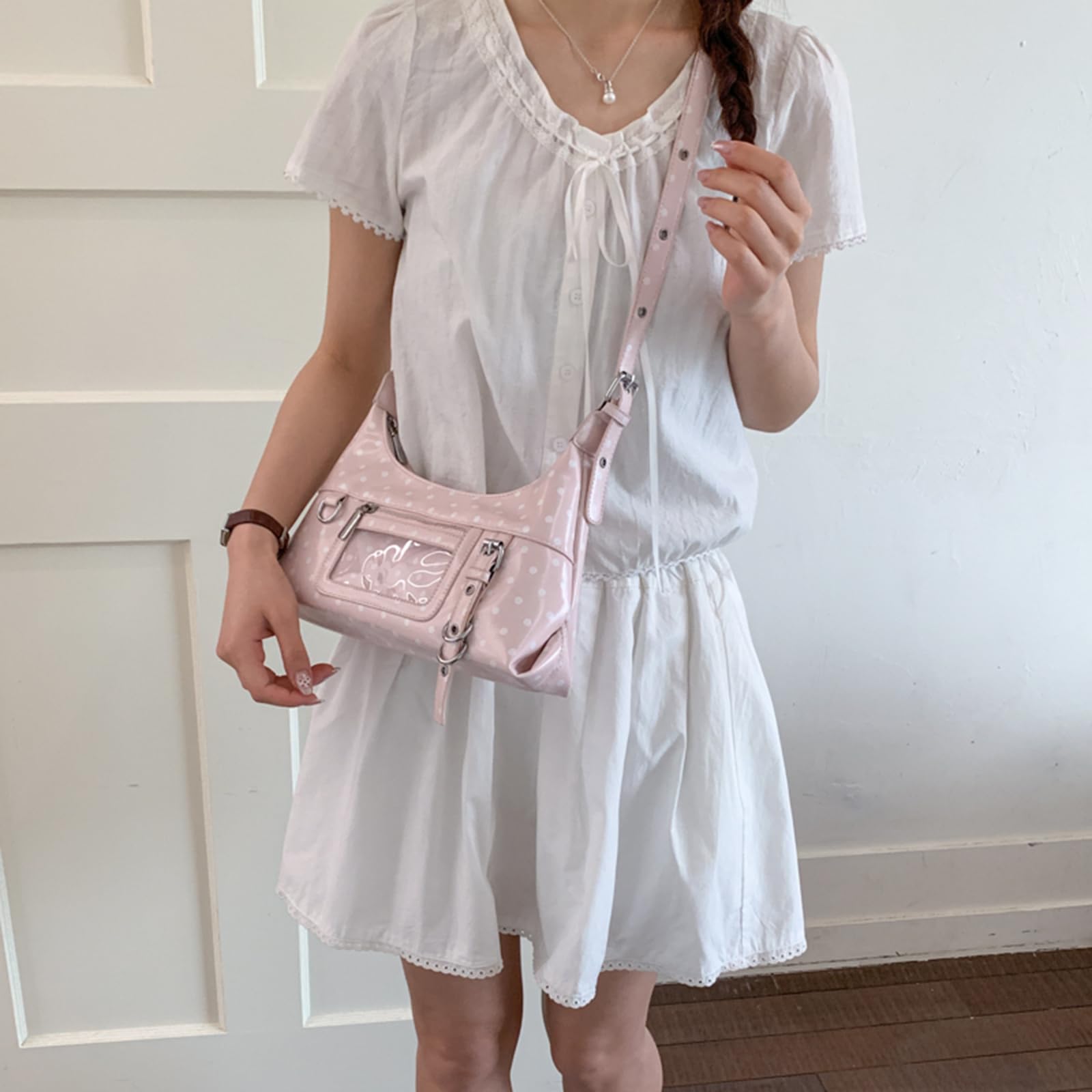 Bolso vintage lunares de piel sintética para mujer, bandolera de viaje