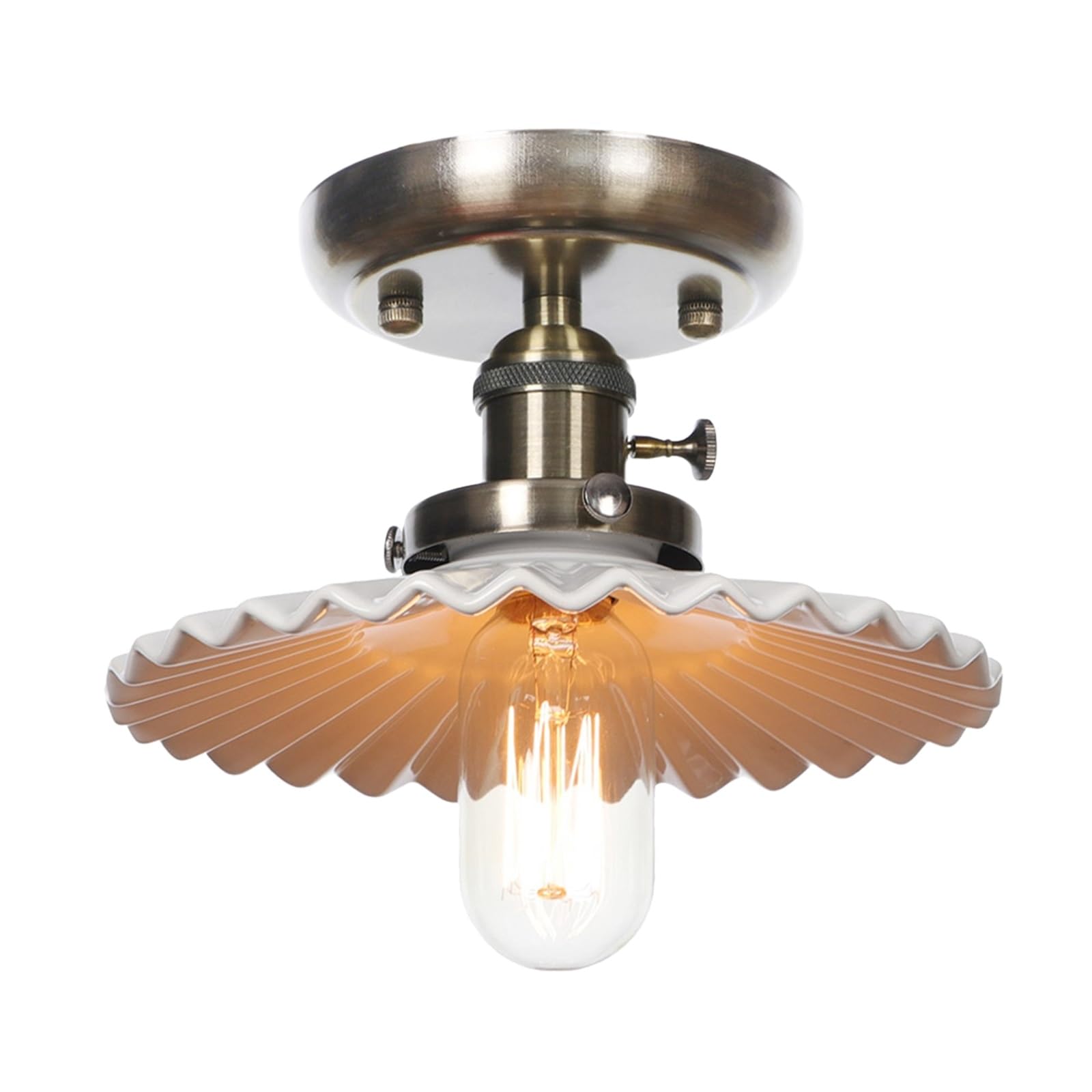 Lampa sufitowa do montażu częściowo podtynkowego - kinkiet ścienny przemysłowa lampa wisząca blisko sufitu | Biały plisowany klosz ceramiczny, oprawy oświetleniowe sufitowe 8.3"(Antique bronze)