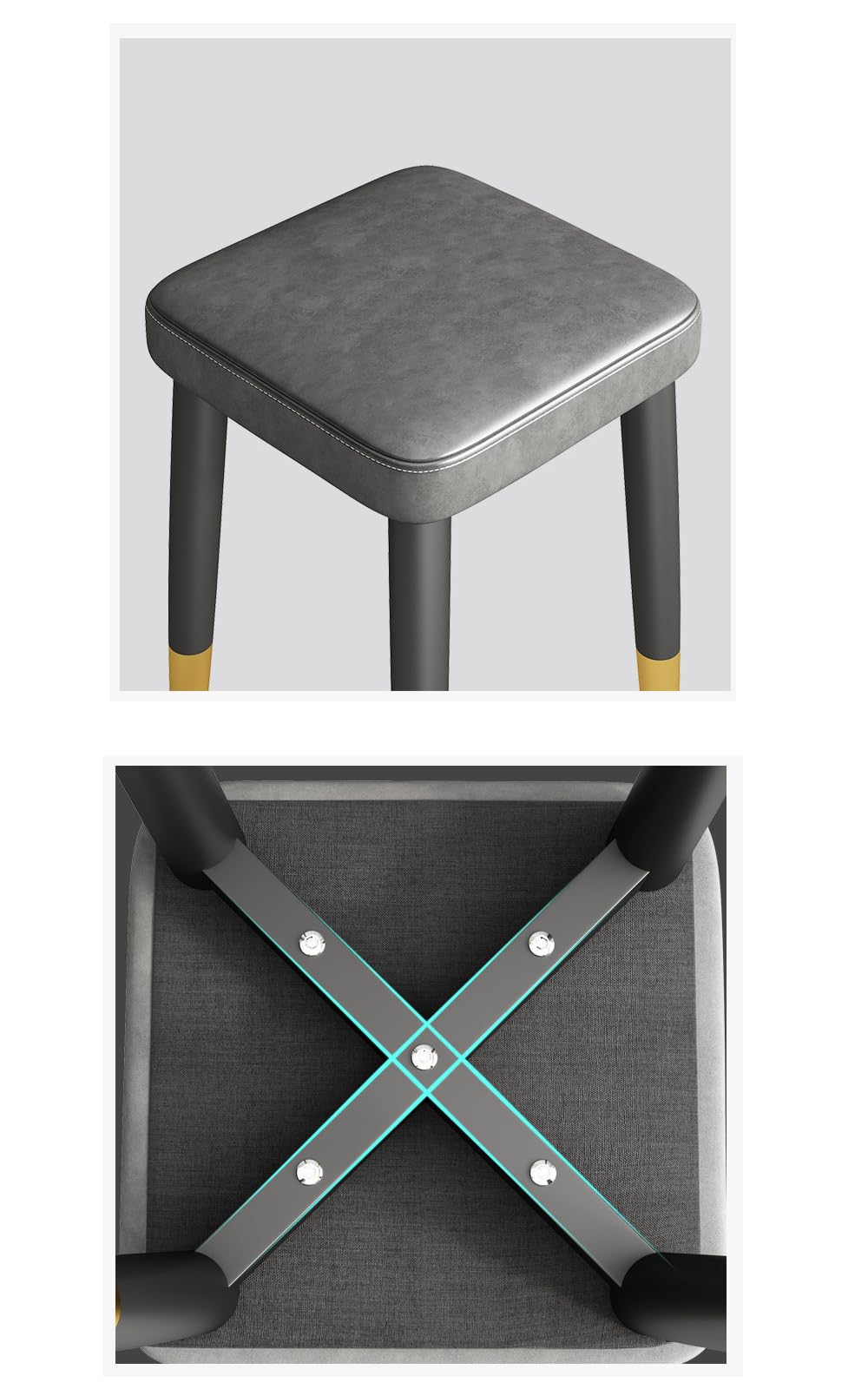 Balama Tabouret en métal noir, gris et doré, empilable, rembourré, 45 x 31 x 31 cm, avec patins réglables et cuir synthétique robuste