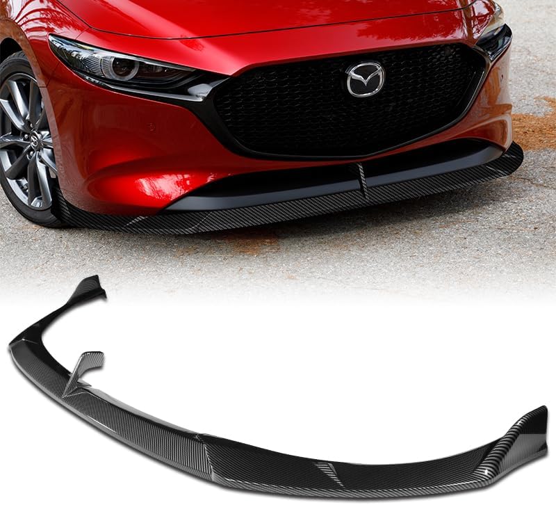 3PCS ABS MS-Style Front Bumper Lip Spoiler, Air Dams Chin Spoiler, Front Splitter, Compatible with 2019-2024 Mazda 3 Hatchback/5DR Model, Exterior Replacement Part (Carbon Painted)
