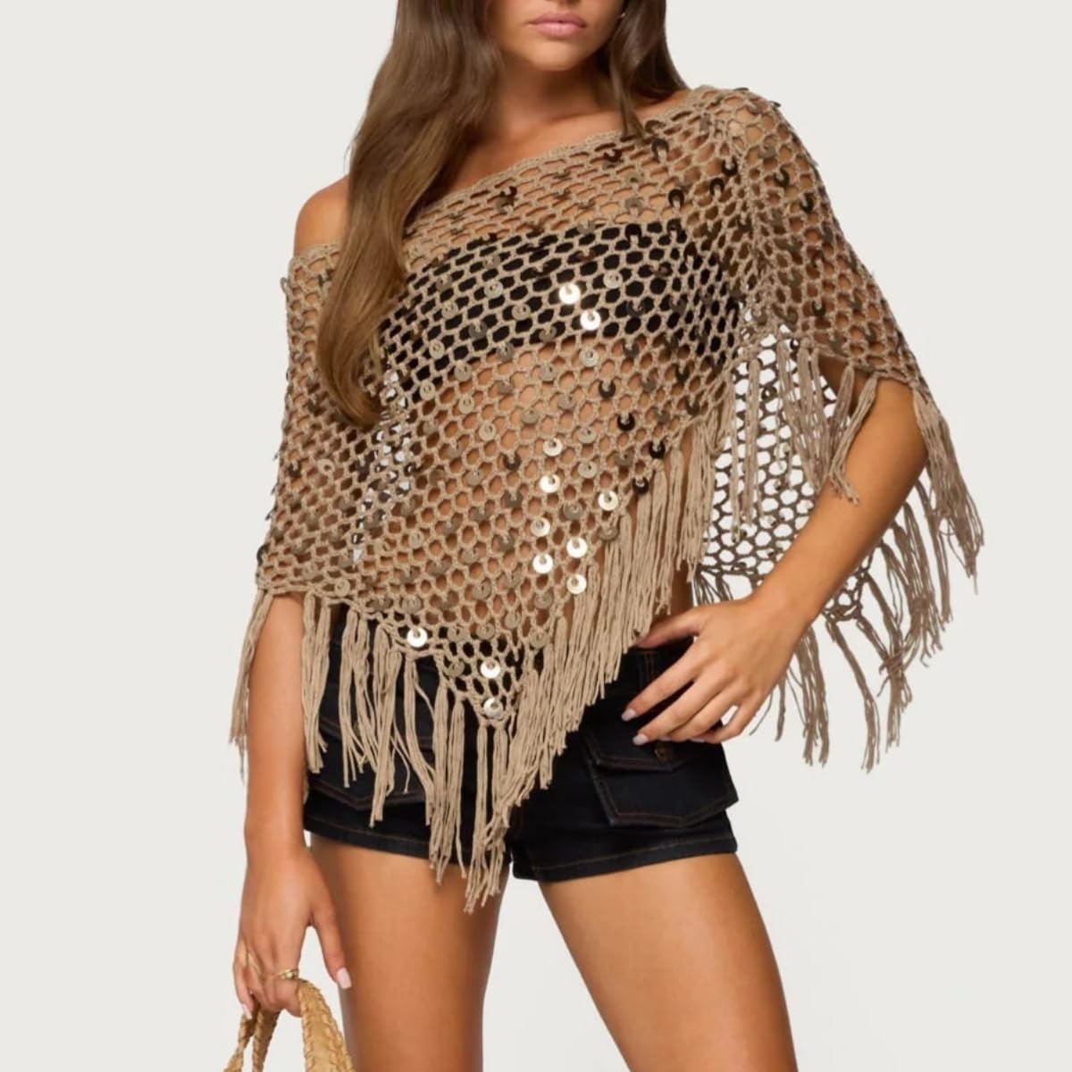 Elegante Poncho Estivo da Donna in Maglia Leggera E Ampia con Lustrini Bolero Asimmetrico Leggero E alla Moda con Nappe.