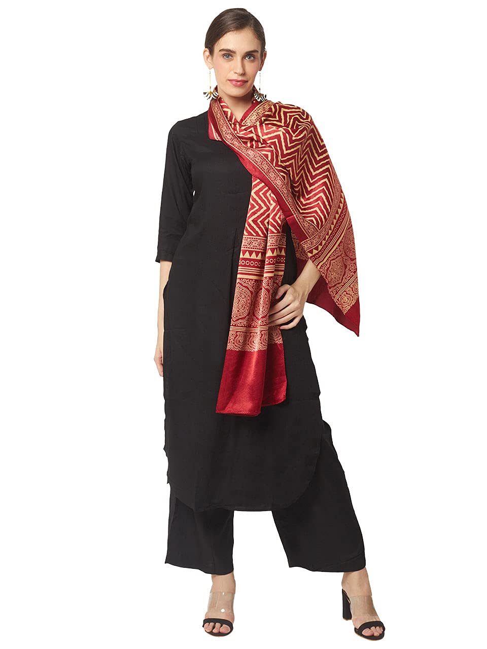 Women's Red Hand Block Print Mushru Stole, Free.-image-20