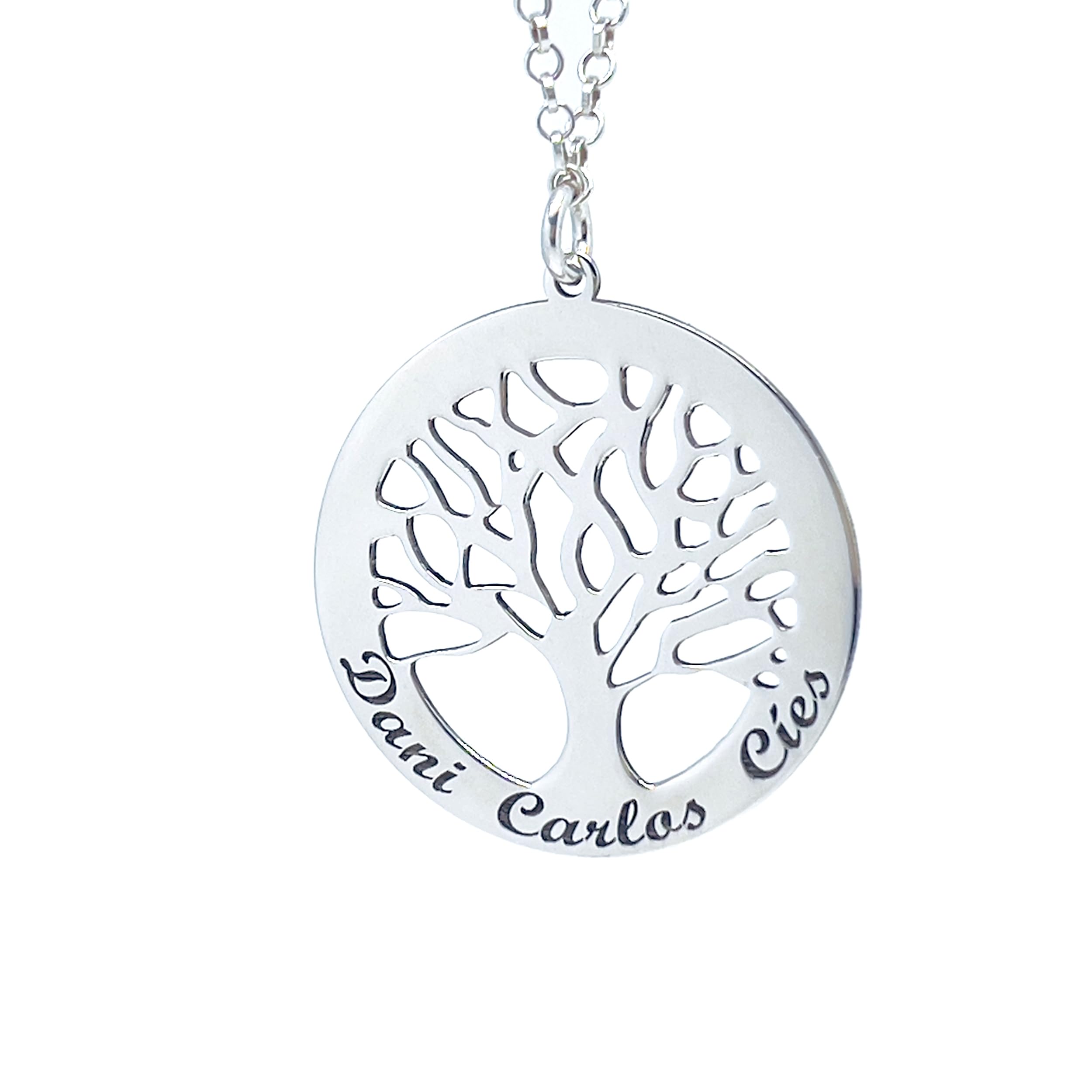 Collar Árbol de la Vida para Mujer Personalizado con Nombres, Fabricado en Plata de Ley 925/1000. Regalo día de la Madre-San Valentin-Navidad-Collarpersonalizado. Modelo 25mm
