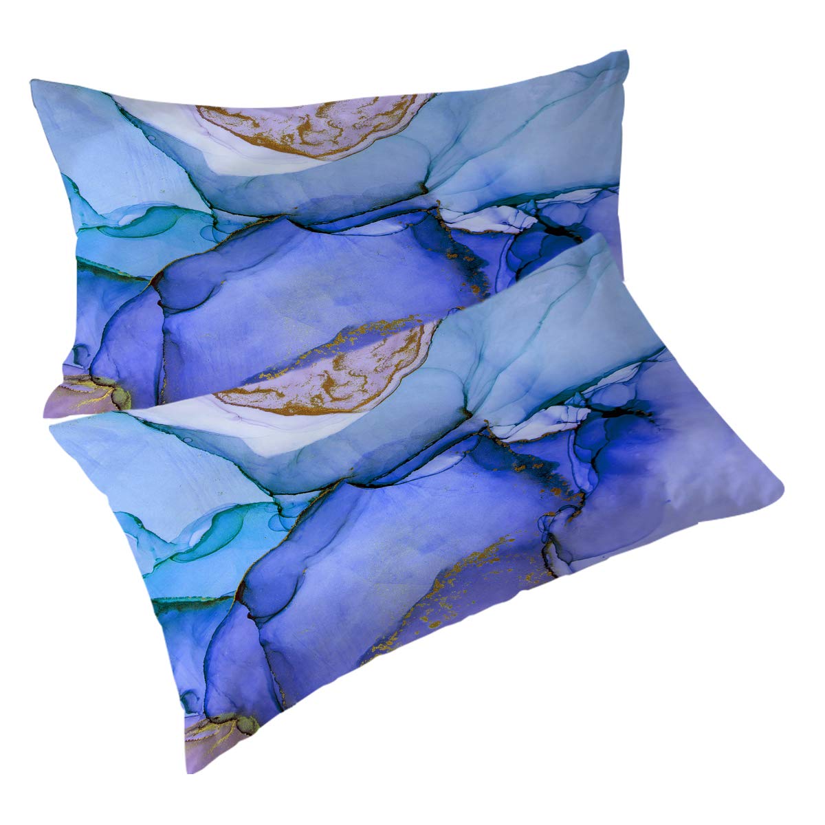 BlessLiving Pillow Cases Set of 2 Cute Blue Purple Gold Modern Watercolor Ink Marble Throw Pillow Cases for Kids Teens Adults Girls Women, (Queen)