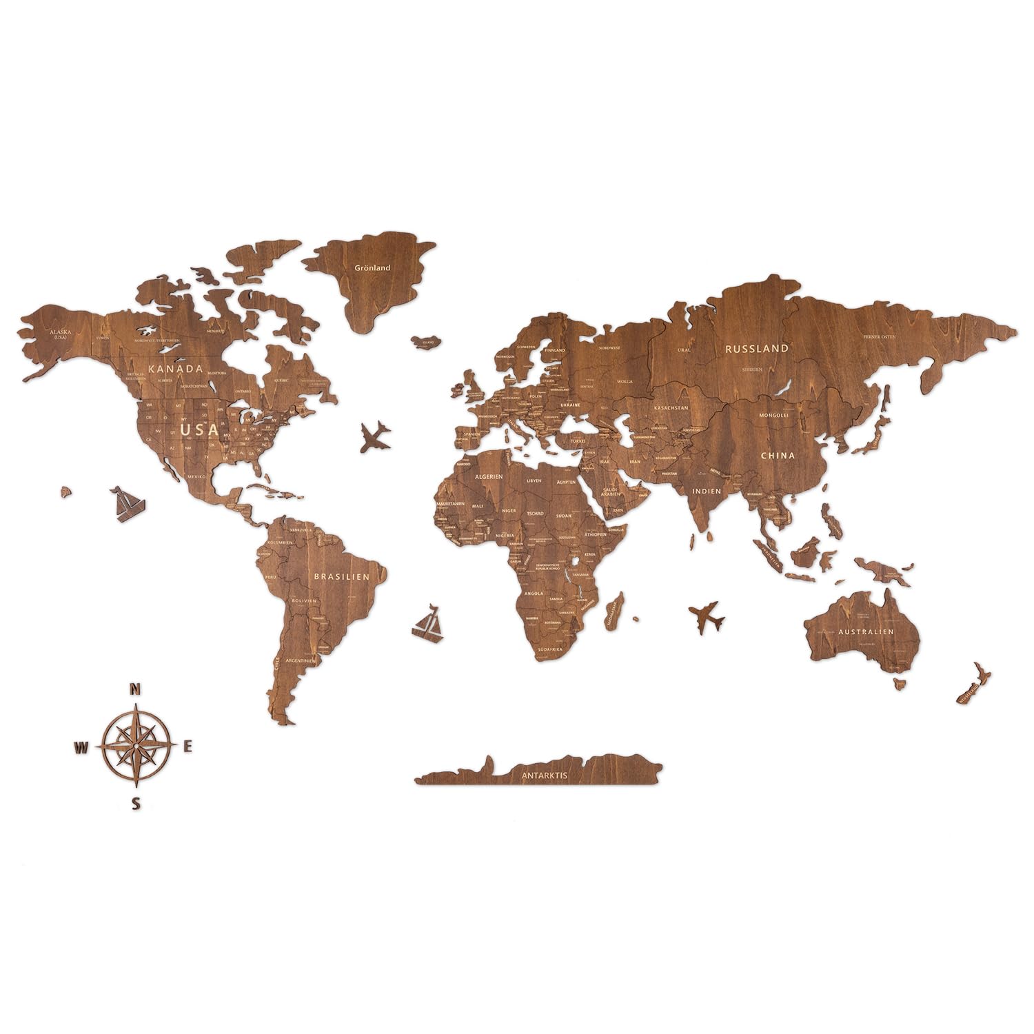 Creawoo Deutsche Holz Weltkarte Wand, handgefertigte Wanddekoration aus Walnussholz Weltkarte, Wandkunst Wanddekoration für Haus & Büro, 150 x 85 cm